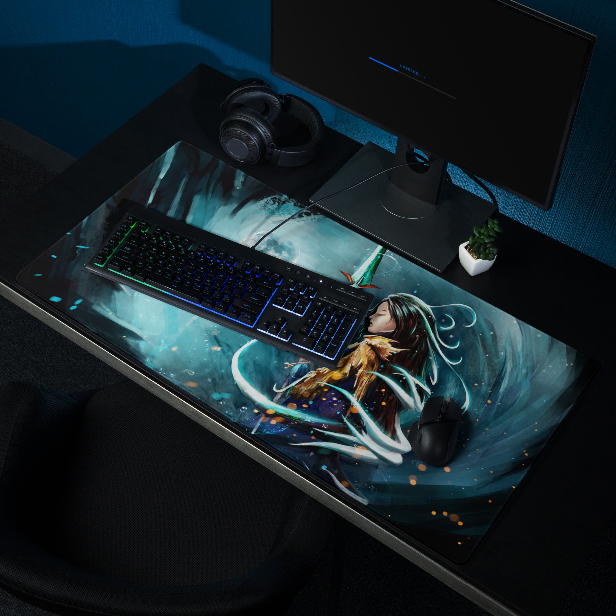 Moonlit Fantasy Gaming Mouse Pad Blue Teal Desk Mat For Gaming Setup Digital Art Style