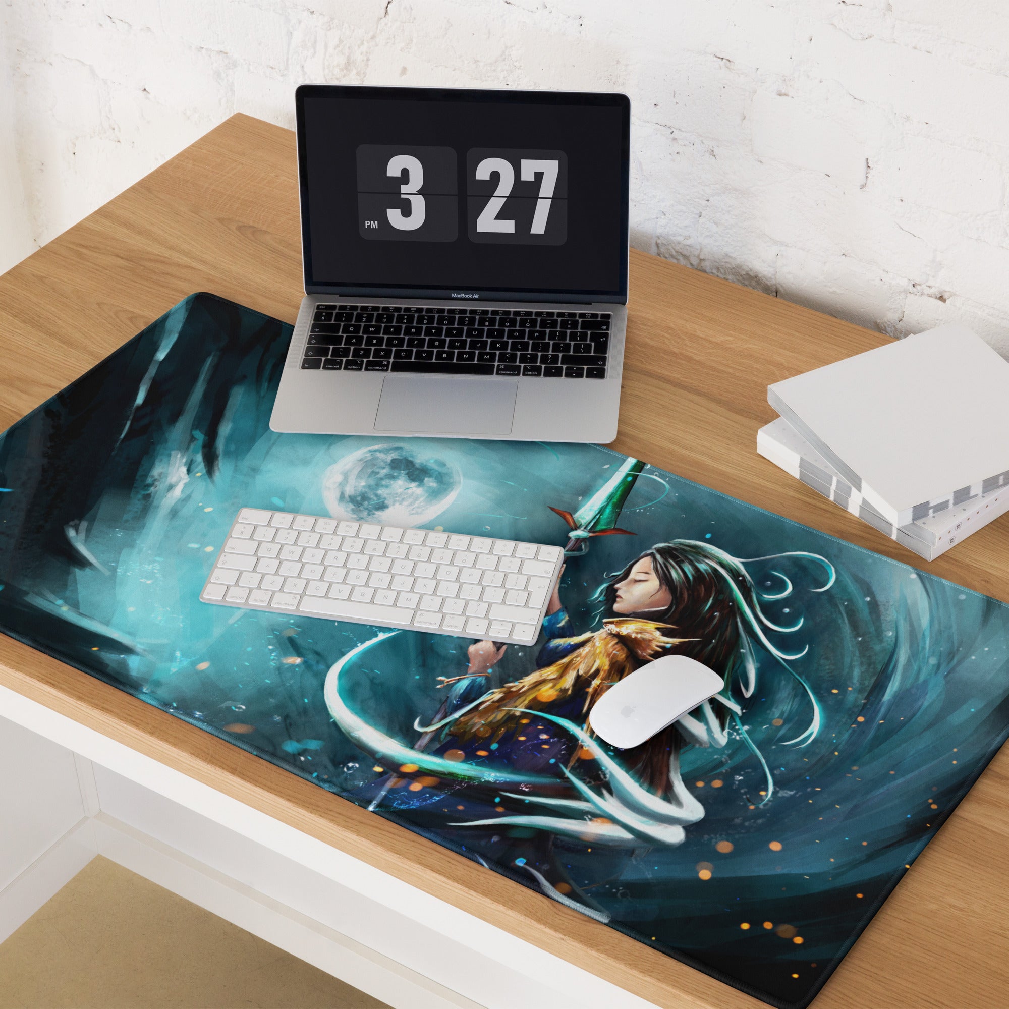 Moonlit Fantasy Gaming Mouse Pad Blue Teal Desk Mat For Gaming Setup Digital Art Style