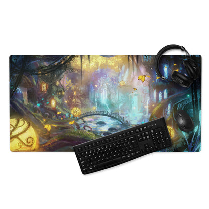 Gamer Mouse Pad Large Forest Fantasy Scene Blue Purple Yellow Gaming Setup Painterly Art Non Slip Surface Edge Stitching