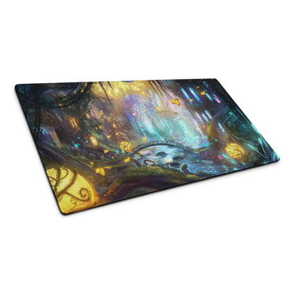 Gamer Mouse Pad Large Forest Fantasy Scene Blue Purple Yellow Gaming Setup Painterly Art Non Slip Surface Edge Stitching
