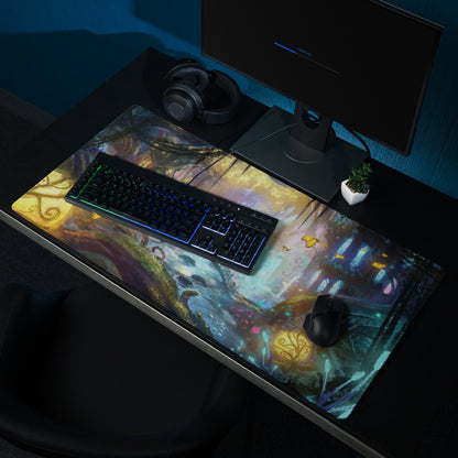 Gamer Mouse Pad Large Forest Fantasy Scene Blue Purple Yellow Gaming Setup Painterly Art Non Slip Surface Edge Stitching