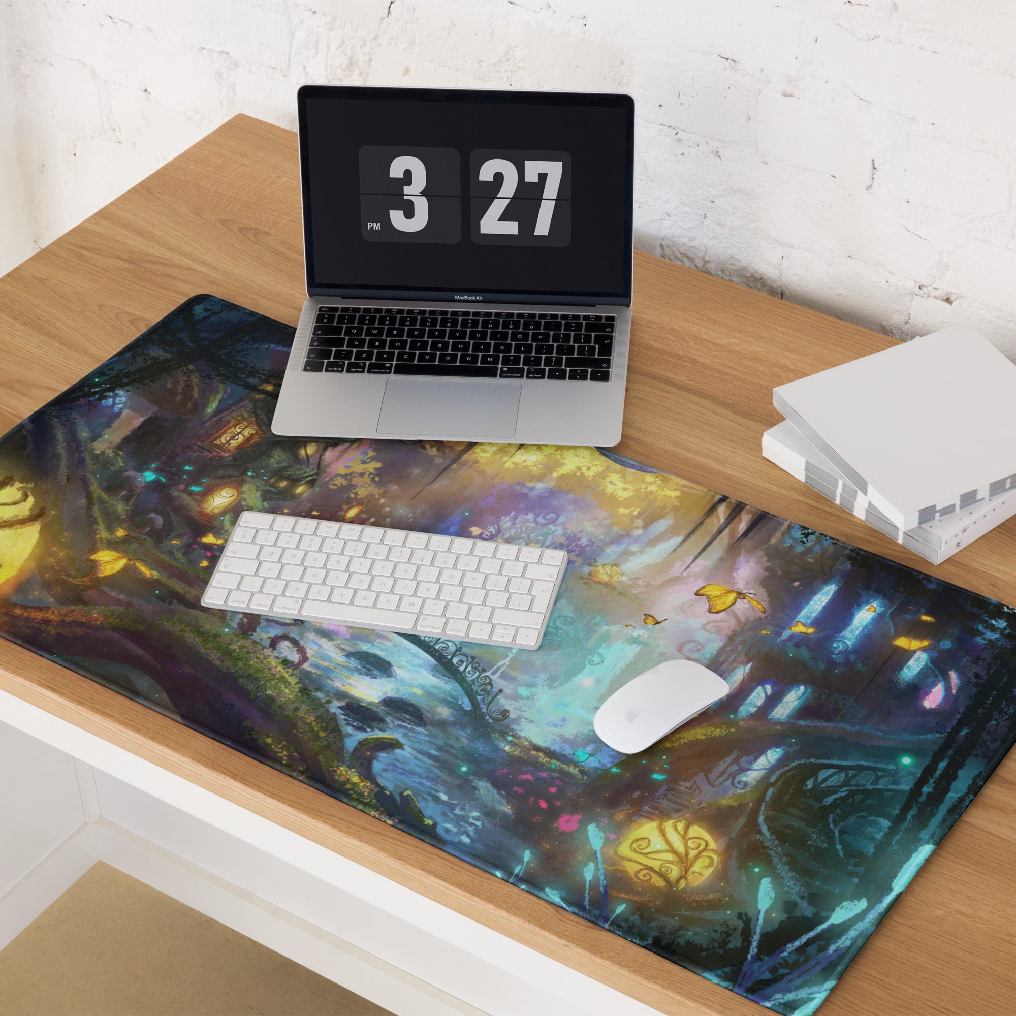 Gamer Mouse Pad Large Forest Fantasy Scene Blue Purple Yellow Gaming Setup Painterly Art Non Slip Surface Edge Stitching