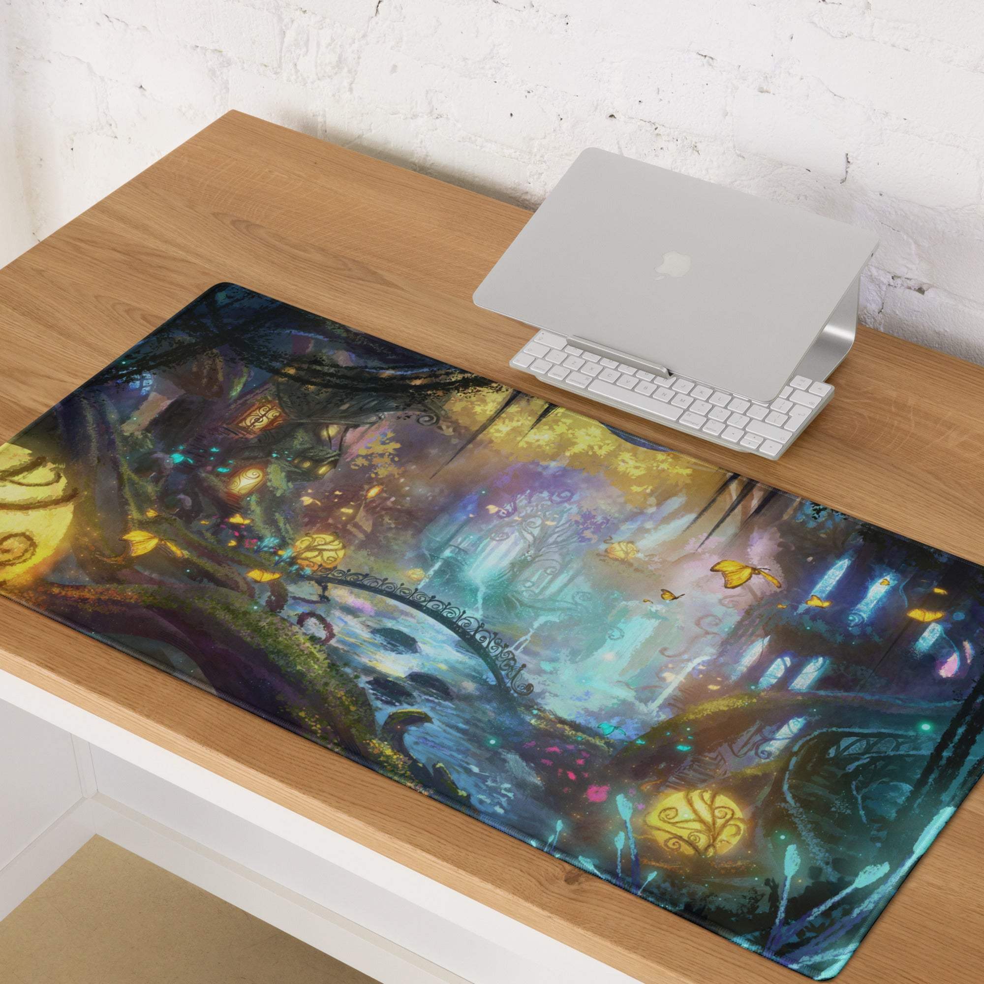 Forest fantasy painterly rectangular mousepad with glowing lanterns and whimsical teal purple gold architecture design