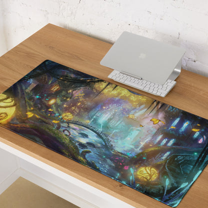 Gamer Mouse Pad Large Forest Fantasy Scene Blue Purple Yellow Gaming Setup Painterly Art Non Slip Surface Edge Stitching