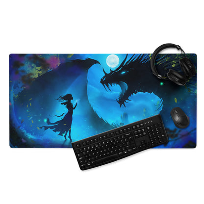 Gaming Mouse Pad Blue Night Dragon for Desk Setup Digital Art Style Epic Fantasy Mood Neon Cyber
