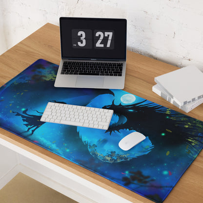 Gaming Mouse Pad Blue Night Dragon for Desk Setup Digital Art Style Epic Fantasy Mood Neon Cyber