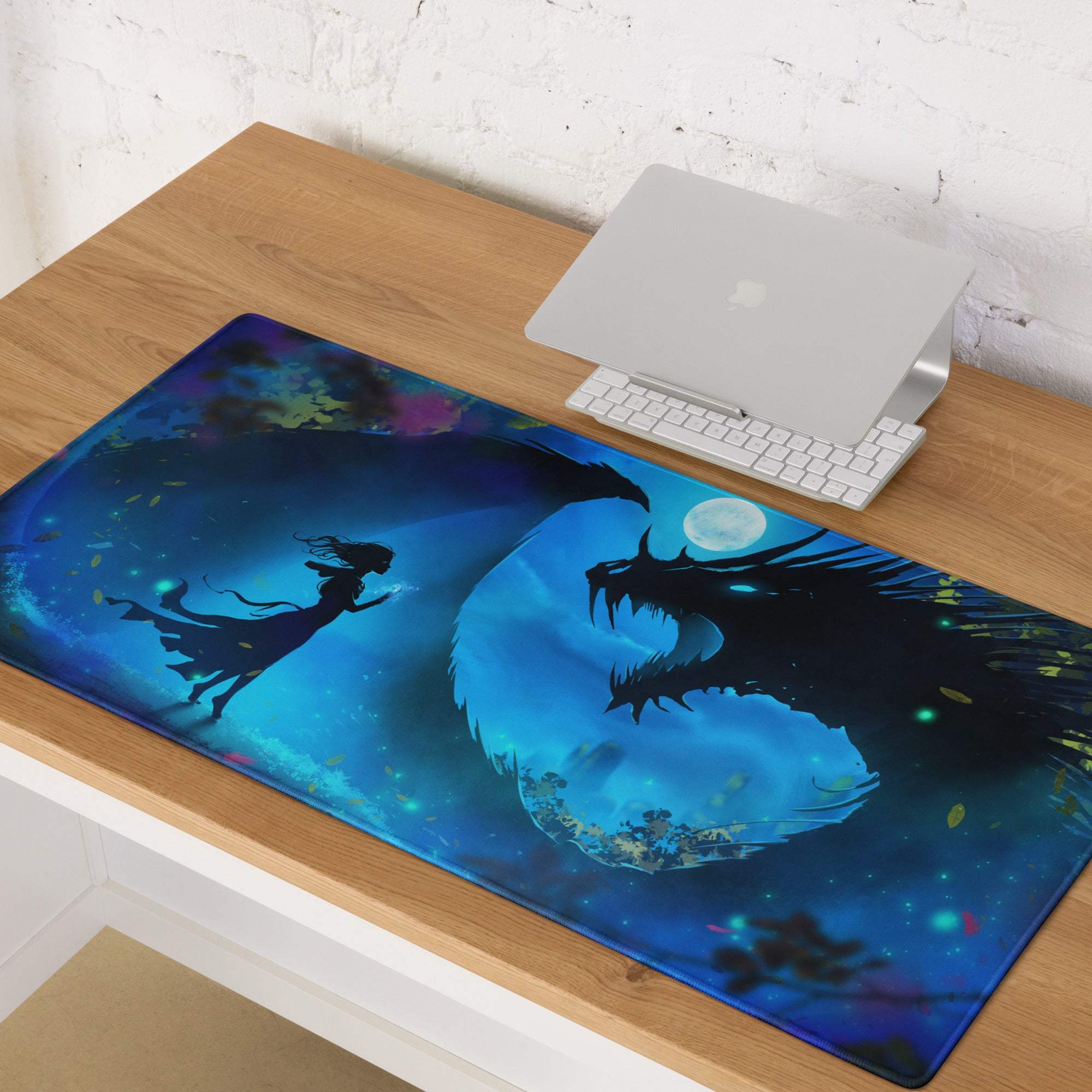 Blue night dragon gaming mousepad with a blue fantasy silhouette of a girl and dragon on a cosmic backdrop