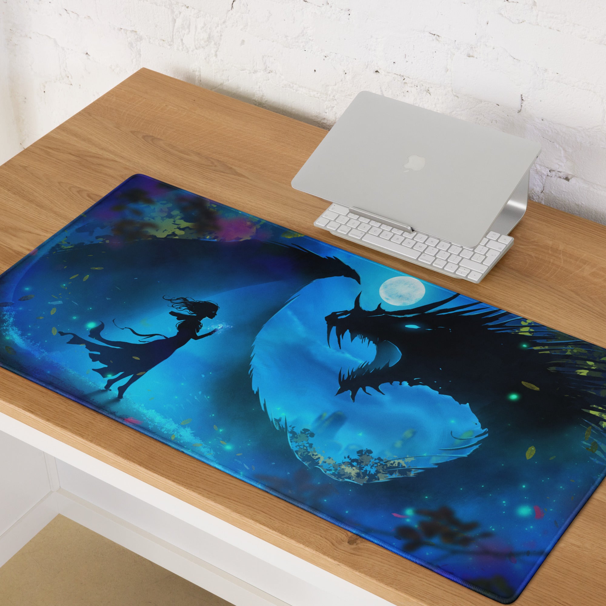 Gaming Mouse Pad Blue Night Dragon for Desk Setup Digital Art Style Epic Fantasy Mood Neon Cyber
