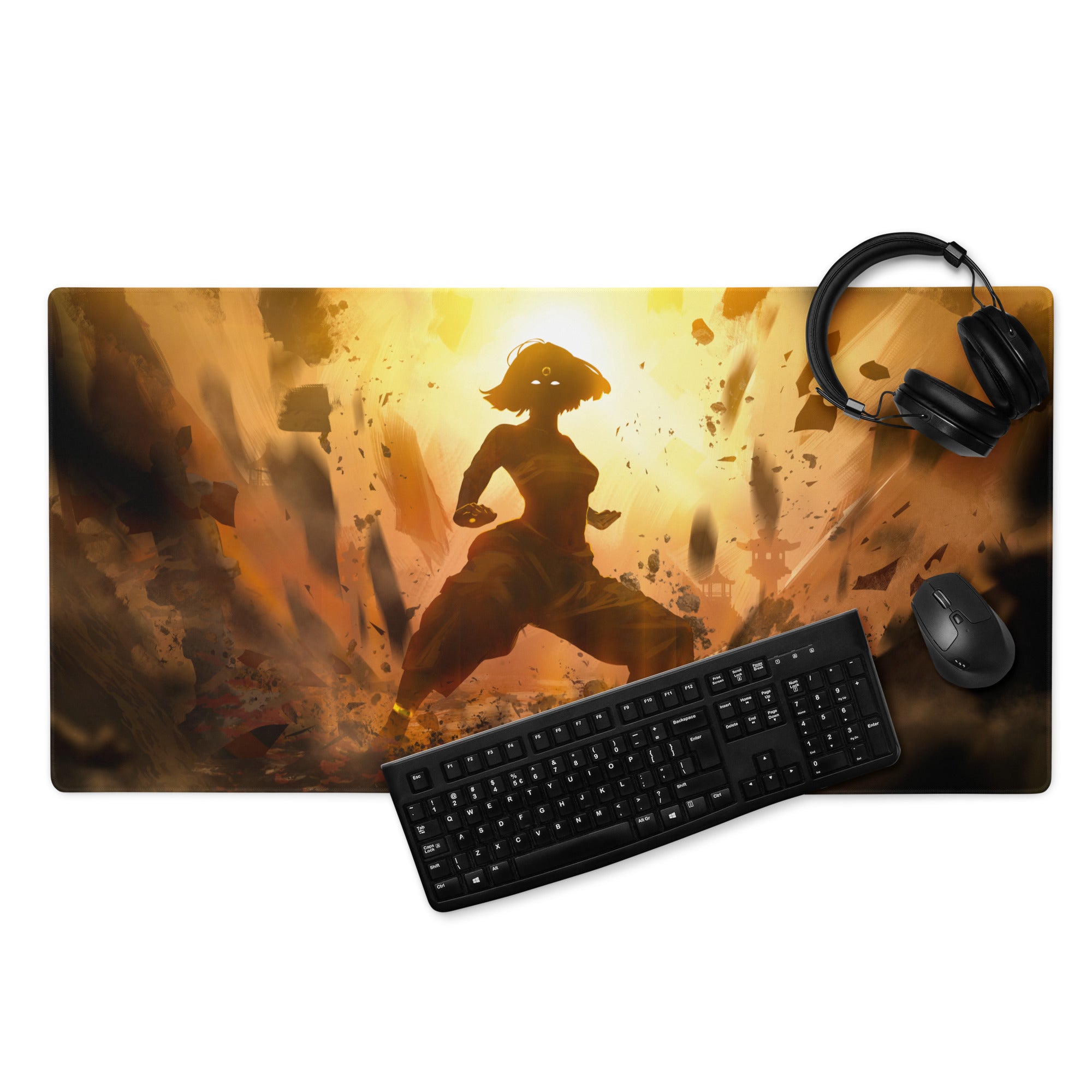 Large Orange Gold Gaming Mouse Pad With Non Slip Base And Edge Stitching For Desktop Setup Fiery Digital Art