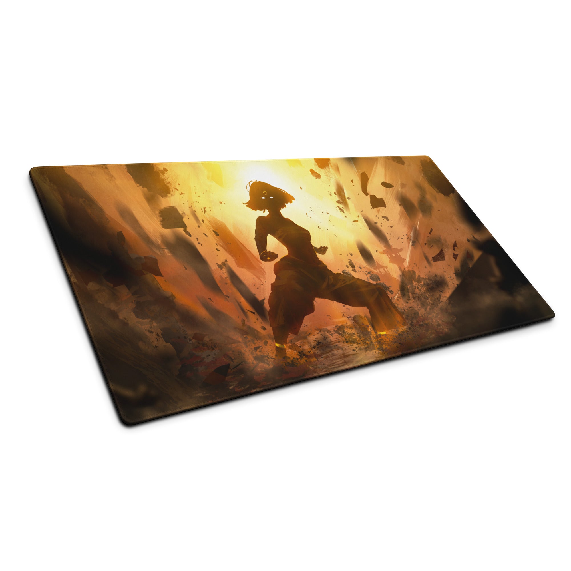 Large Orange Gold Gaming Mouse Pad With Non Slip Base And Edge Stitching For Desktop Setup Fiery Digital Art