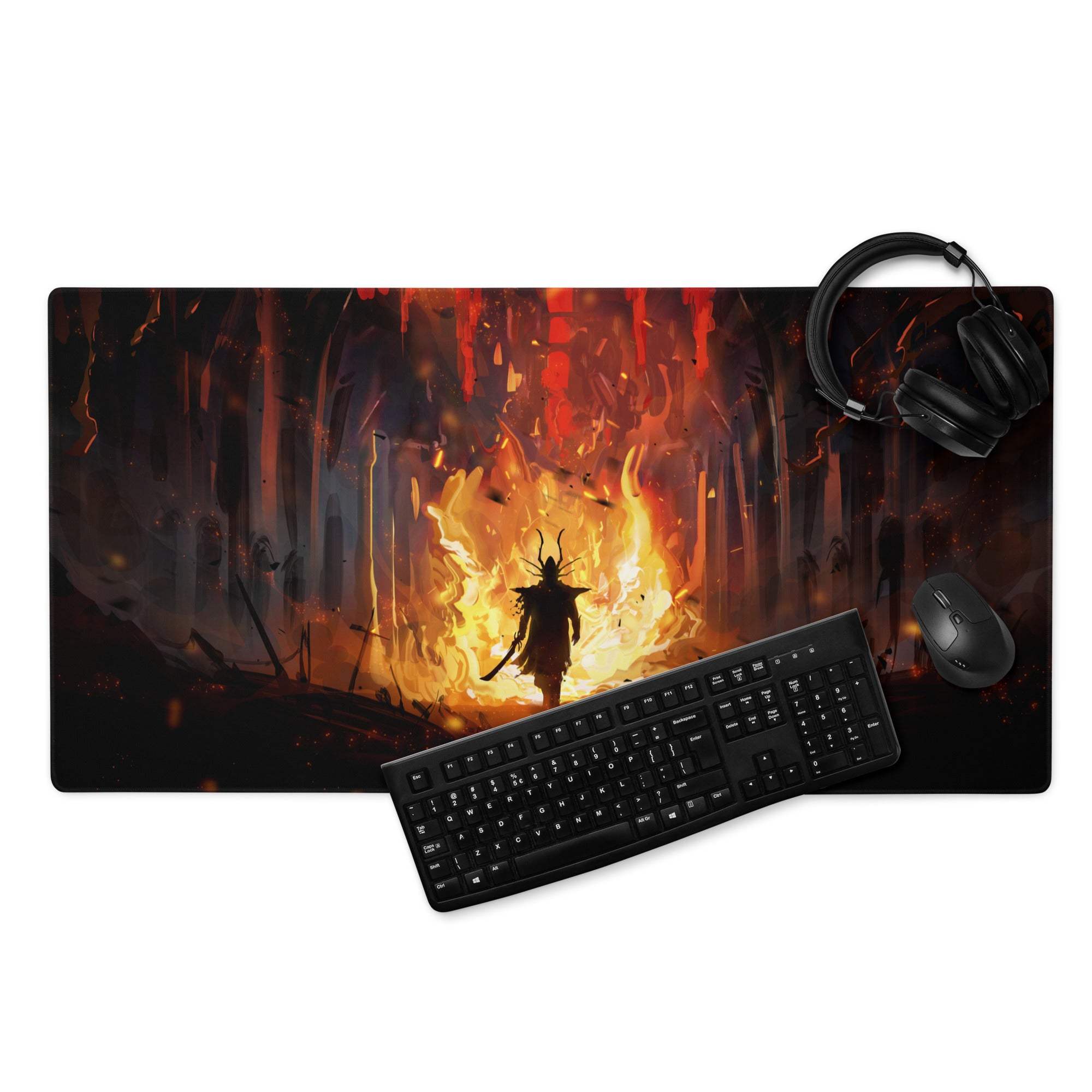 Inferno Vanguard gaming mouse pad with fiery fantasy art of armored warrior in orange and red on black large surface