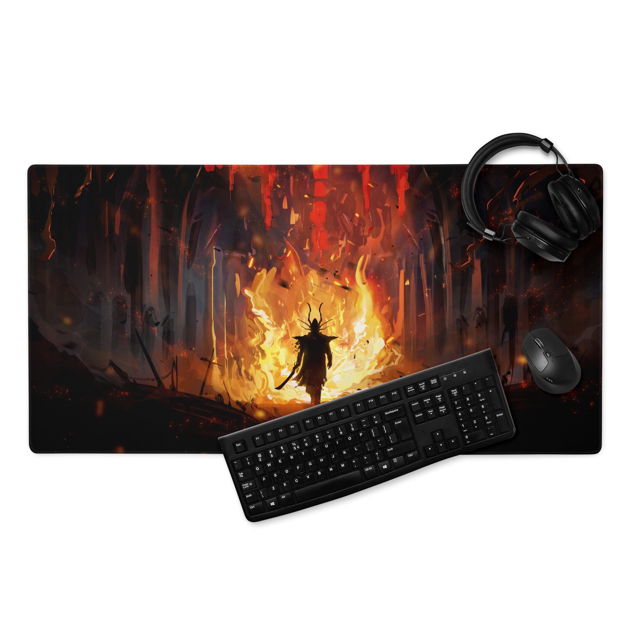 Gaming Mouse Pad Large Black Red Orange Fiery Fantasy Digital Art For Esports Desk Setup Non Slip Edge Stitching