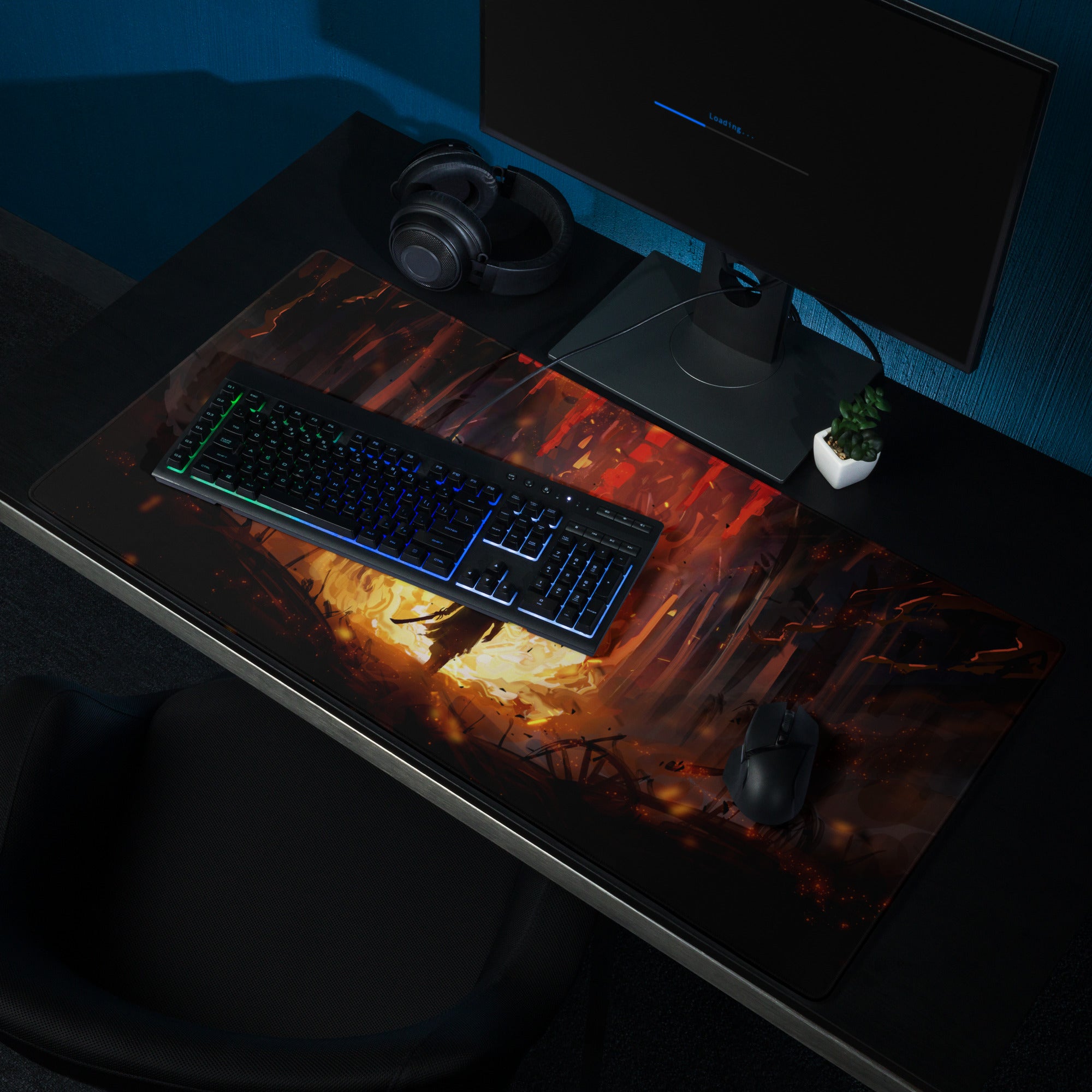 Gaming Mouse Pad Large Black Red Orange Fiery Fantasy Digital Art For Esports Desk Setup Non Slip Edge Stitching