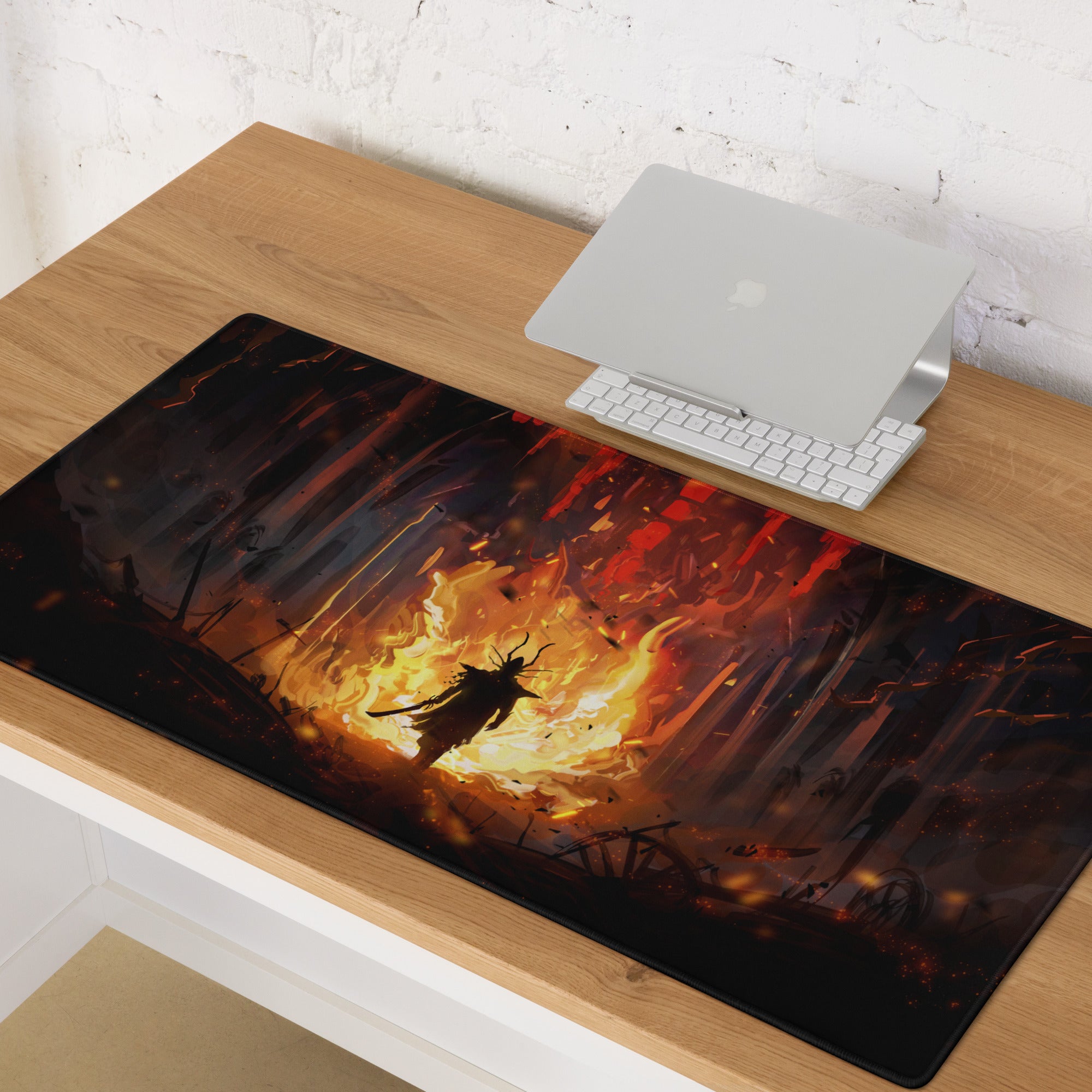 Gaming Mouse Pad Large Black Red Orange Fiery Fantasy Digital Art For Esports Desk Setup Non Slip Edge Stitching