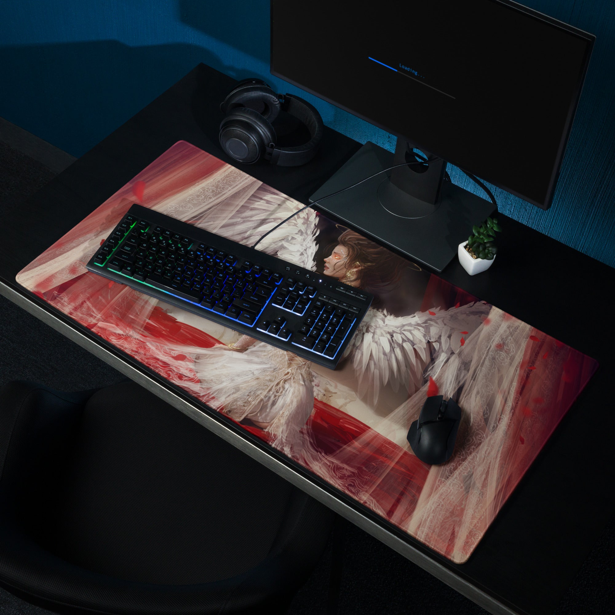 Fantasy Angel Wings Gaming Mouse Pad Red White Black Desk Mat Non Slip Large Edge Stitching