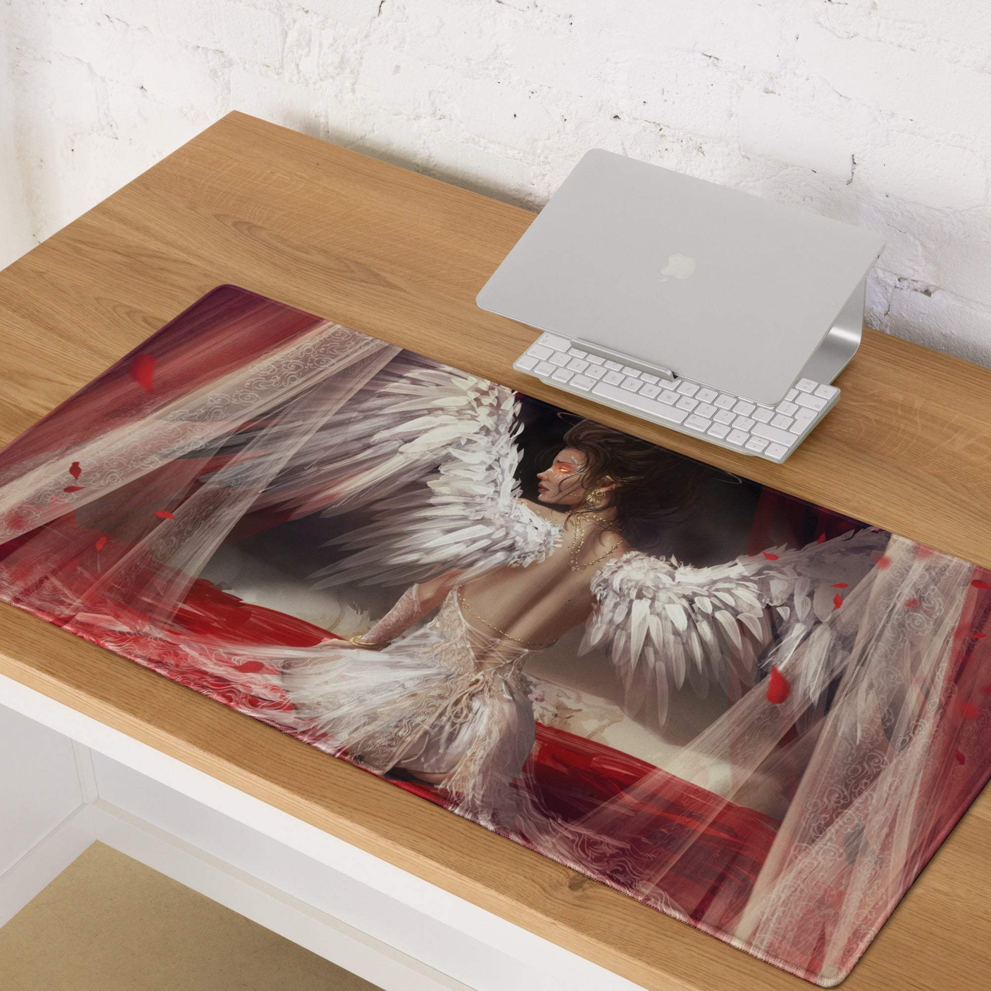 Angel wings gaming mouse pad with a detailed angel illustration featuring white wings and red flowing drapery on a glossy surface