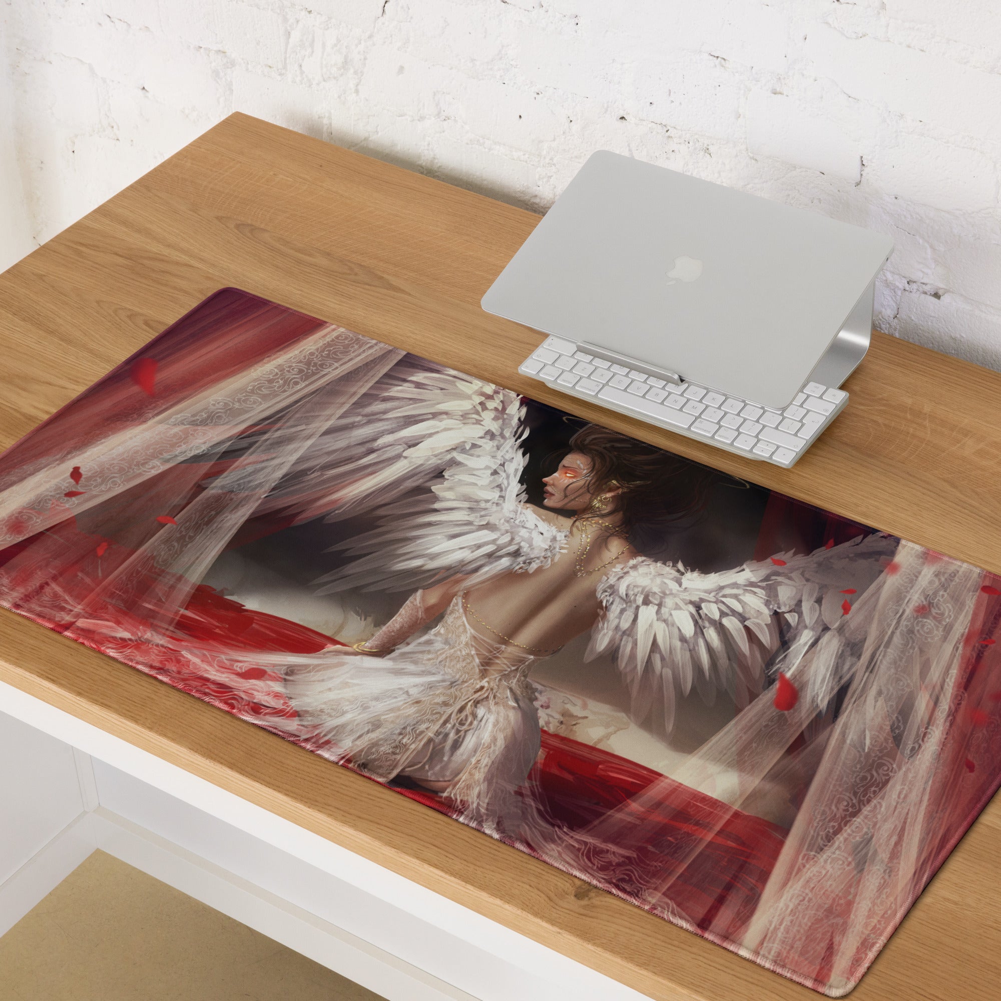 Fantasy Angel Wings Gaming Mouse Pad Red White Black Desk Mat Non Slip Large Edge Stitching