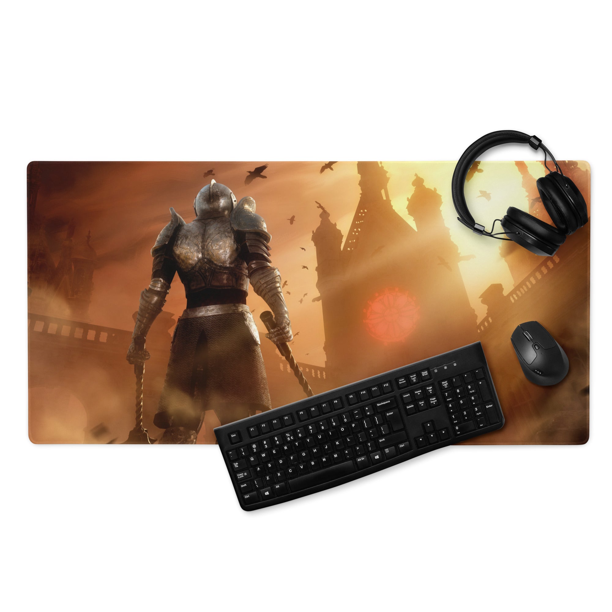 Large Gaming Mouse Pad Fiery Orange Battle Scene With Knight Warrior Artwork Non Slip Edge Stitching