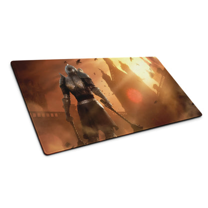 Large Gaming Mouse Pad Fiery Orange Battle Scene With Knight Warrior Artwork Non Slip Edge Stitching