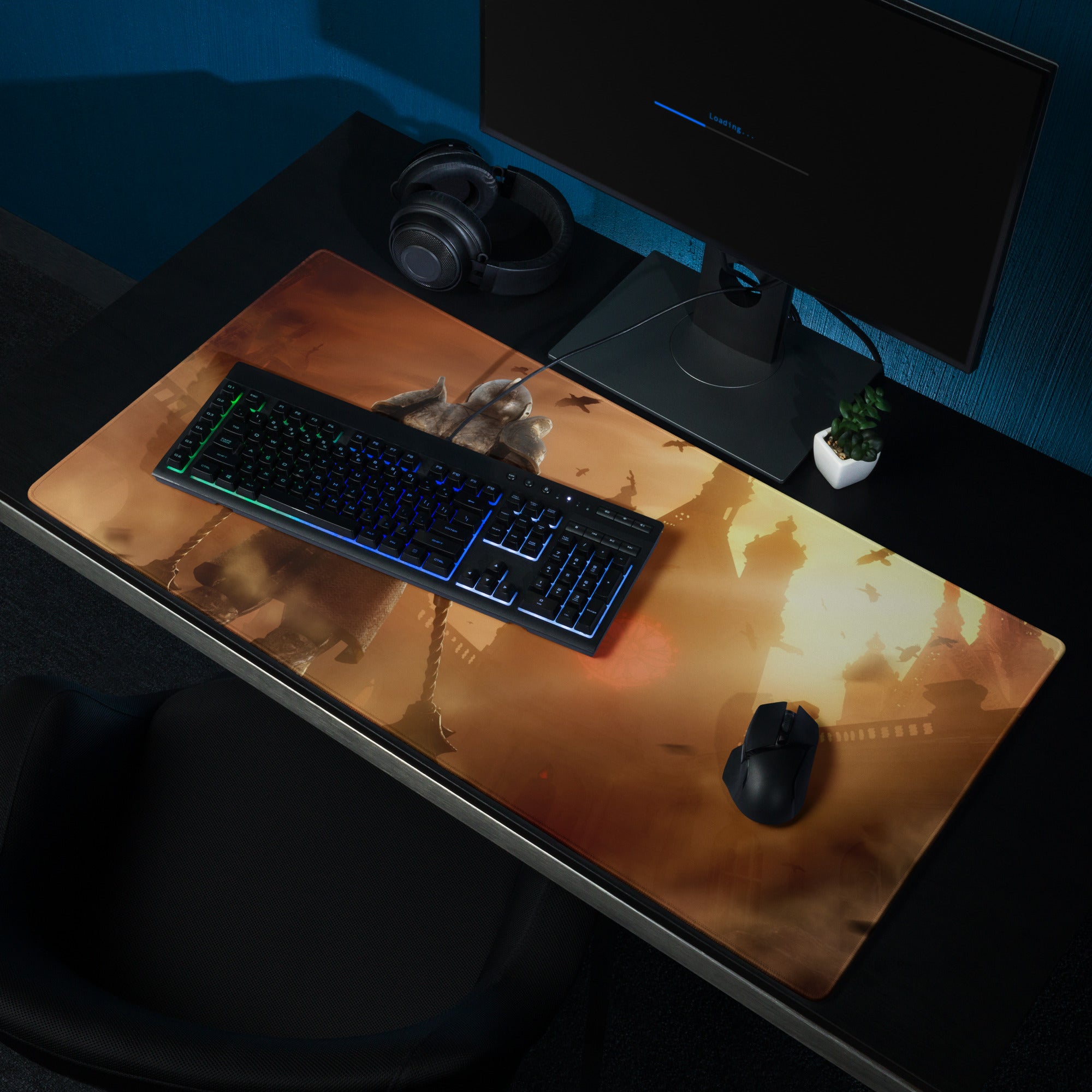 Large Gaming Mouse Pad Fiery Orange Battle Scene With Knight Warrior Artwork Non Slip Edge Stitching