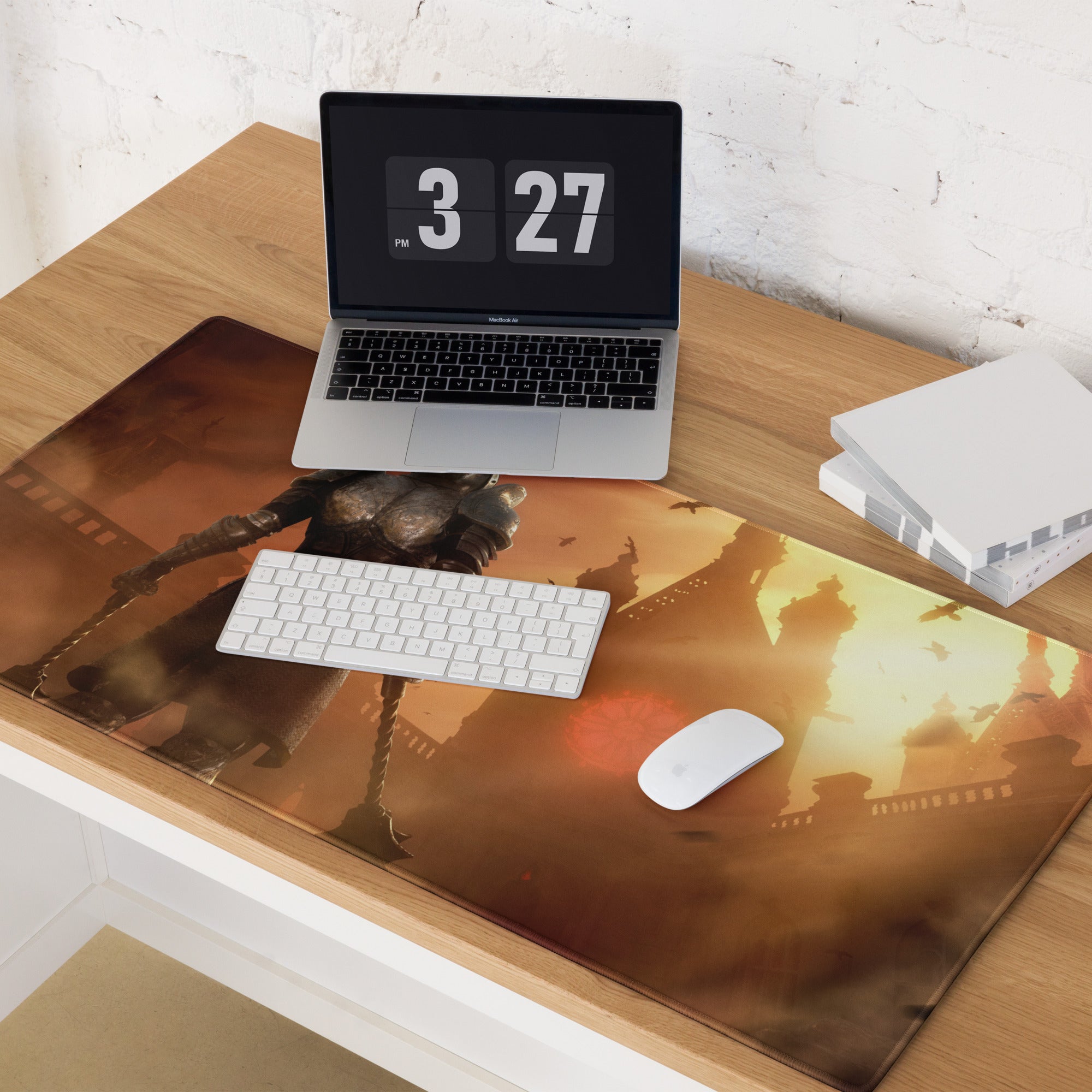 Large Gaming Mouse Pad Fiery Orange Battle Scene With Knight Warrior Artwork Non Slip Edge Stitching
