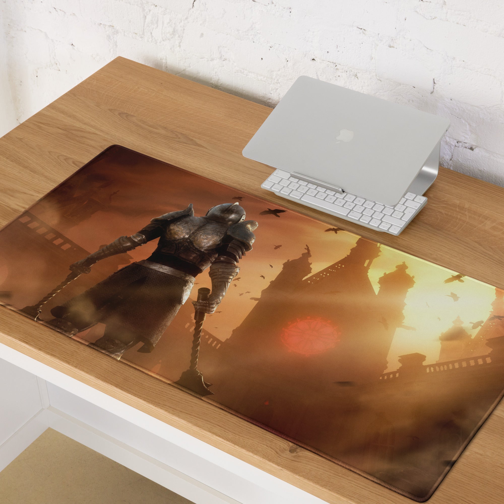 Large Gaming Mouse Pad Fiery Orange Battle Scene With Knight Warrior Artwork Non Slip Edge Stitching