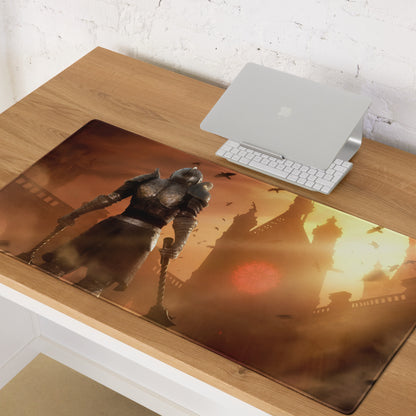 Large Gaming Mouse Pad Fiery Orange Battle Scene With Knight Warrior Artwork Non Slip Edge Stitching