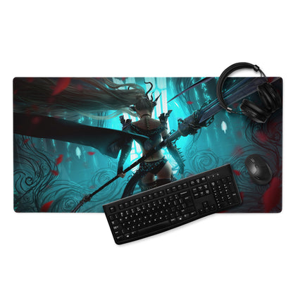 Gaming Mouse Pad Large Size Neon Blue Teal Artwork With Red Accents Cyberpunk Fantasy Desk Mat For Gaming Setup