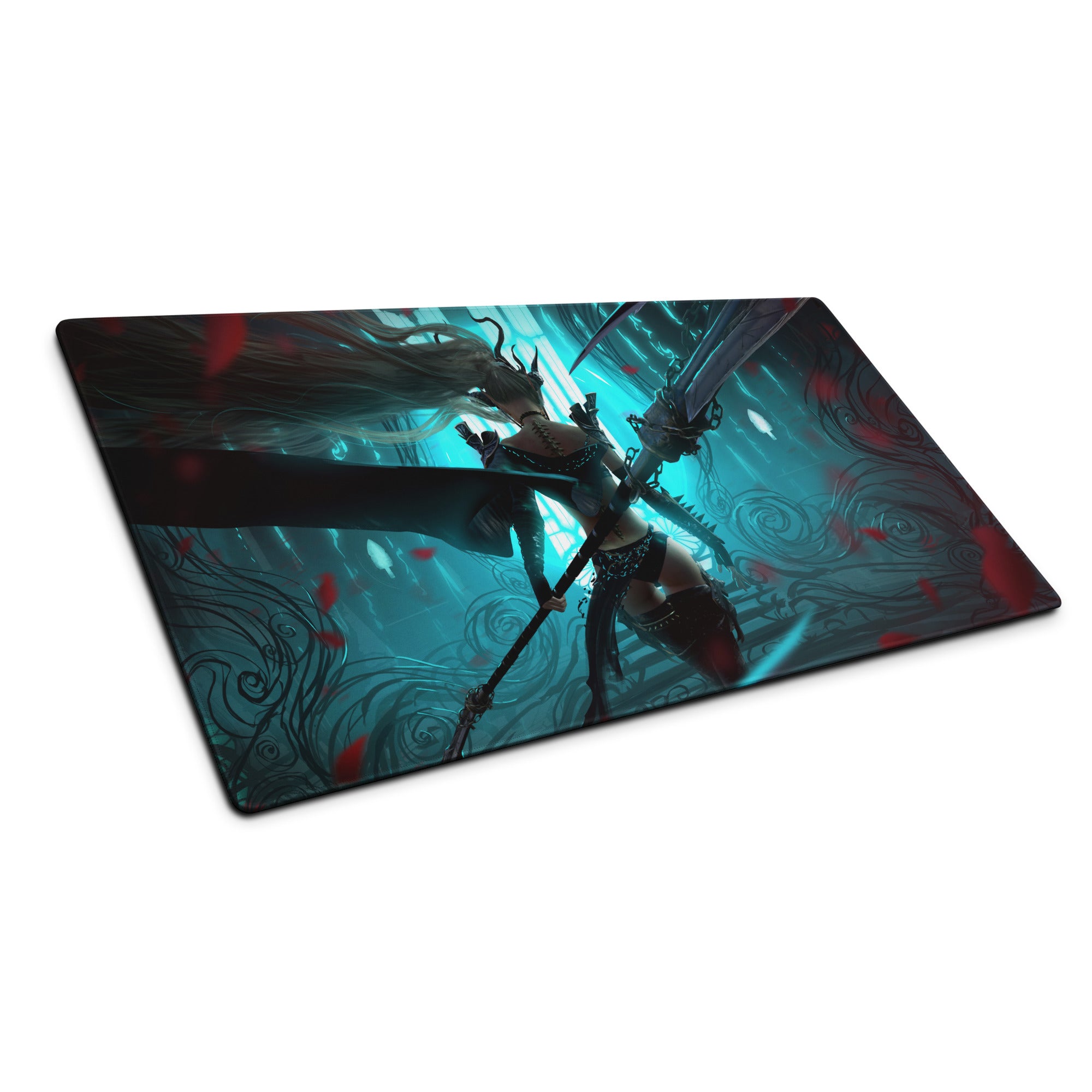 Gaming Mouse Pad Large Size Neon Blue Teal Artwork With Red Accents Cyberpunk Fantasy Desk Mat For Gaming Setup
