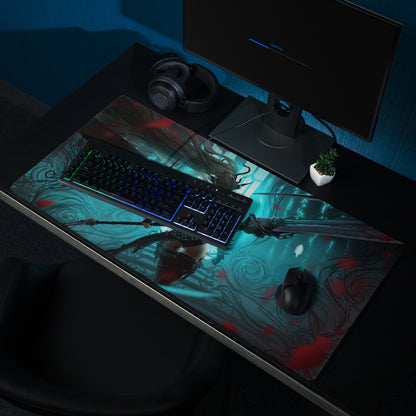 Gaming Mouse Pad Large Size Neon Blue Teal Artwork With Red Accents Cyberpunk Fantasy Desk Mat For Gaming Setup