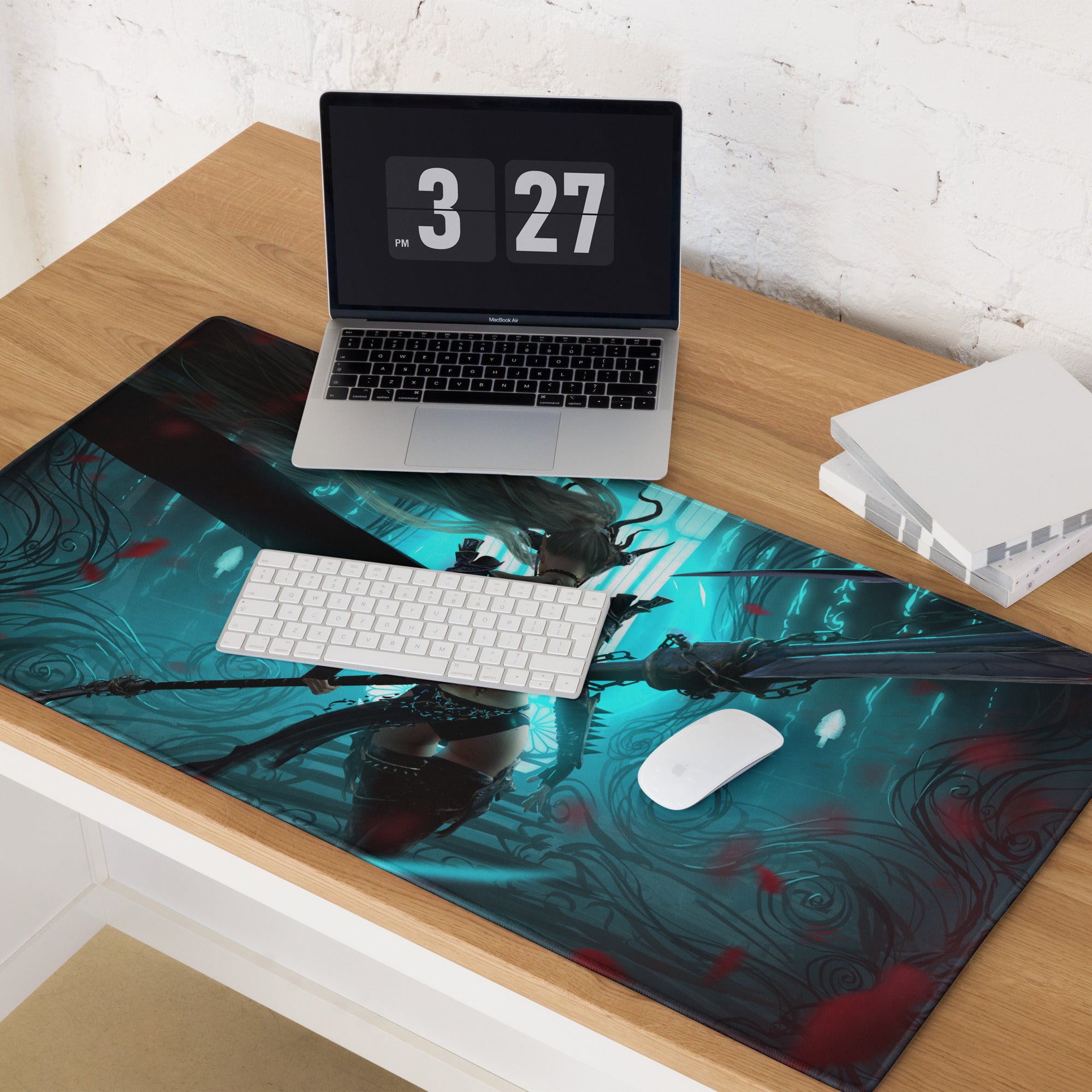 Gaming Mouse Pad Large Size Neon Blue Teal Artwork With Red Accents Cyberpunk Fantasy Desk Mat For Gaming Setup