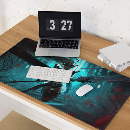 Gaming Mouse Pad Large Size Neon Blue Teal Artwork With Red Accents Cyberpunk Fantasy Desk Mat For Gaming Setup