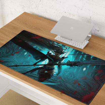 Gaming Mouse Pad Large Size Neon Blue Teal Artwork With Red Accents Cyberpunk Fantasy Desk Mat For Gaming Setup
