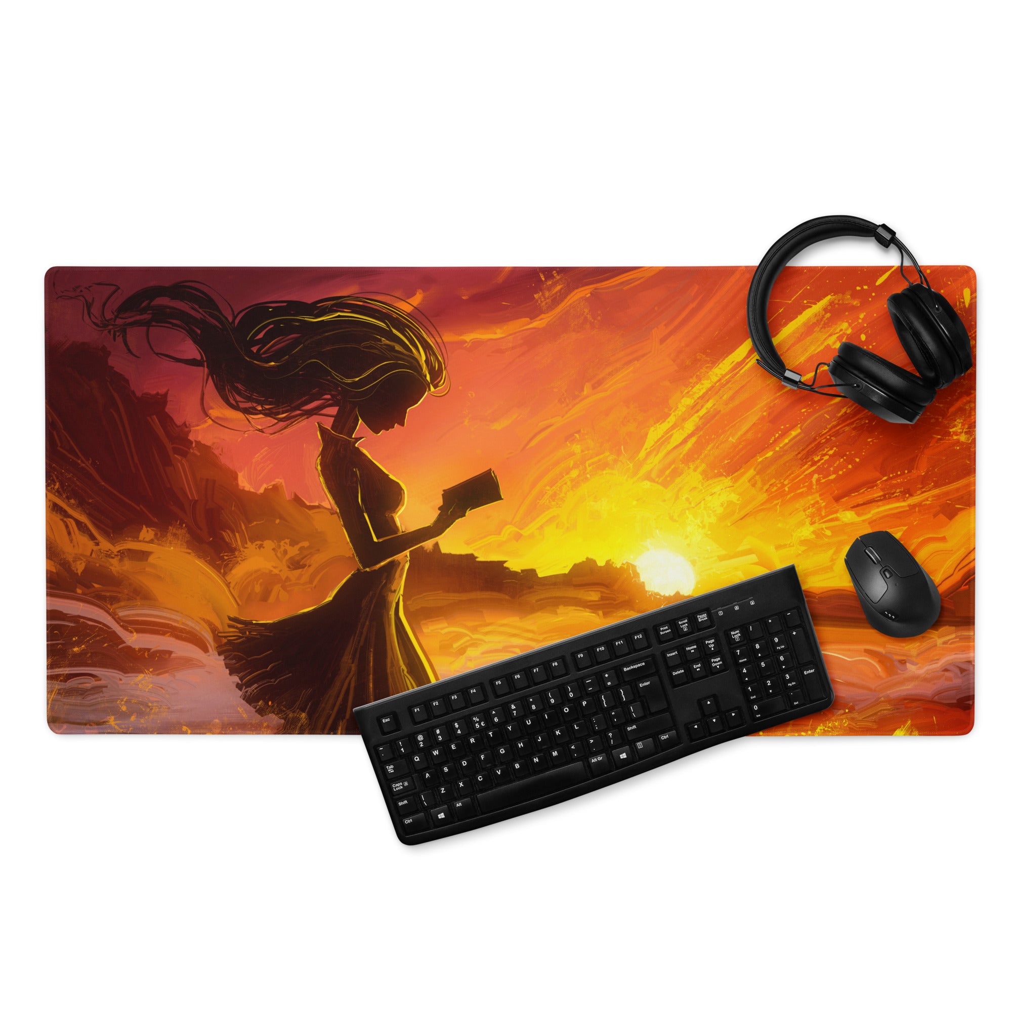 Gamer Mouse Pad Fiery Orange Sunset for Gaming Setup Large Desk Mat in Epic Digital Art Style
