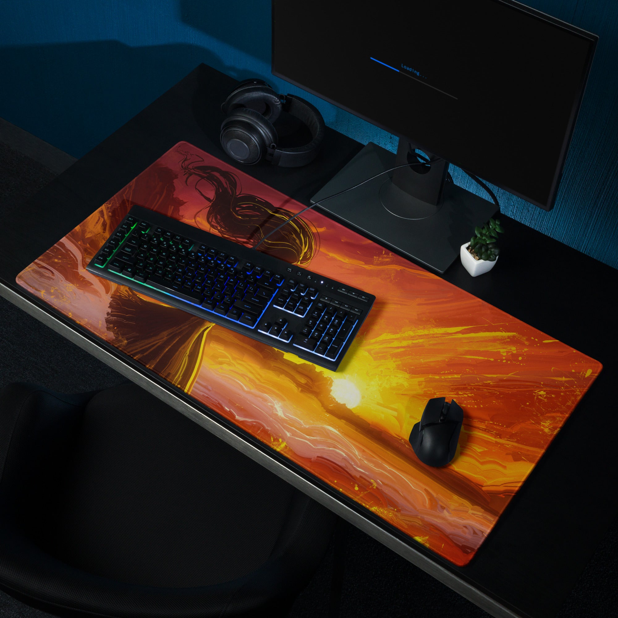 Gamer Mouse Pad Fiery Orange Sunset for Gaming Setup Large Desk Mat in Epic Digital Art Style