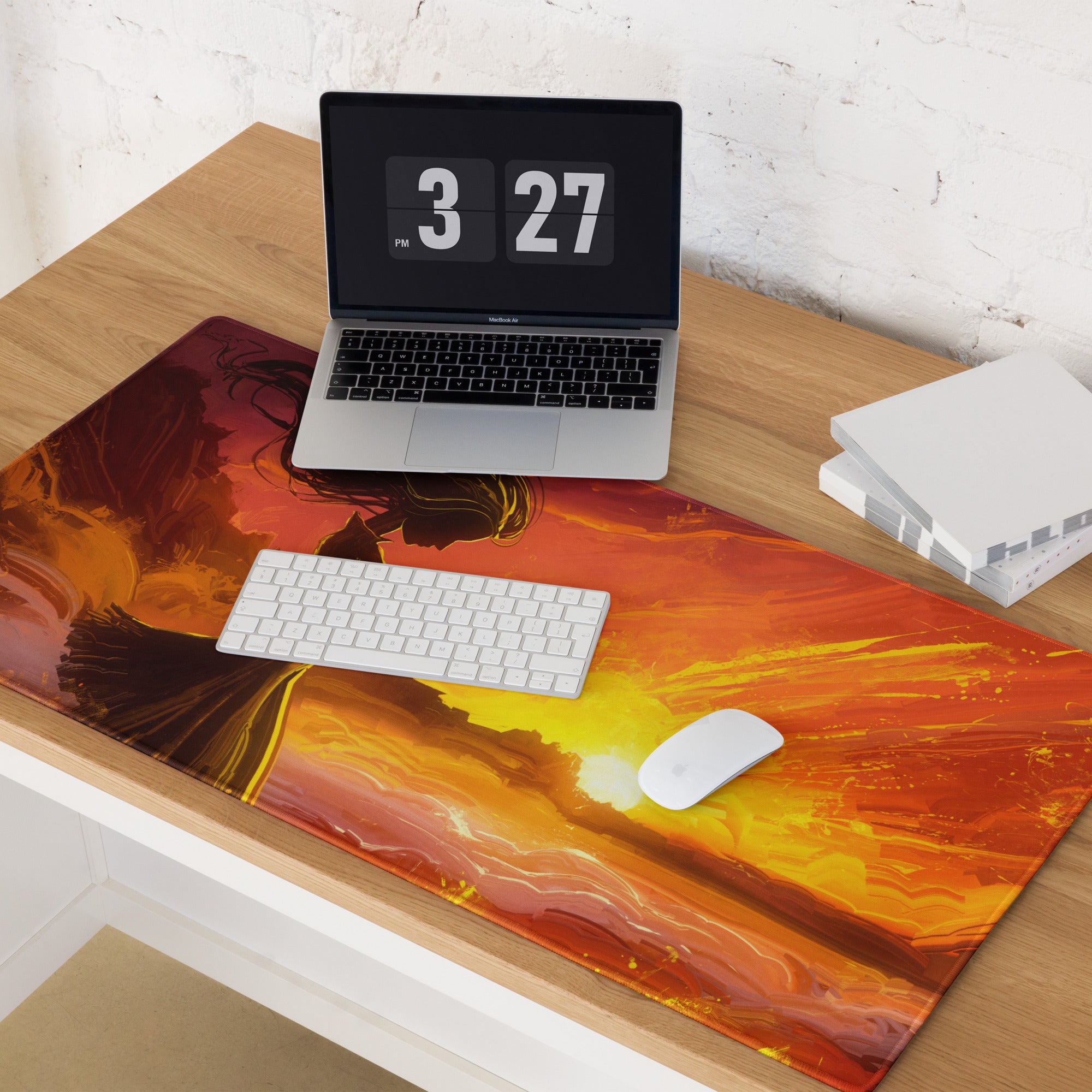 Gamer Mouse Pad Fiery Orange Sunset for Gaming Setup Large Desk Mat in Epic Digital Art Style