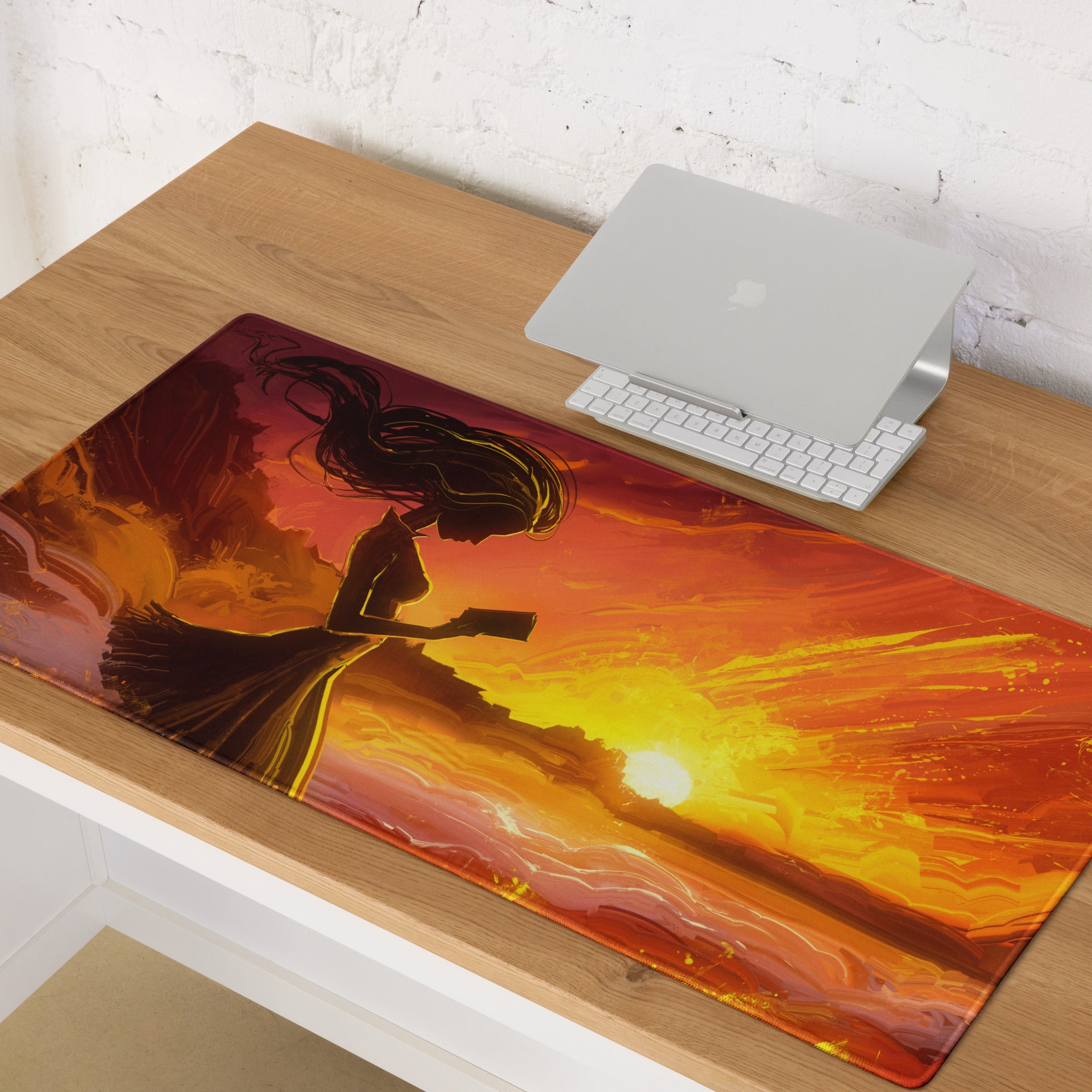 Gamer Mouse Pad Fiery Orange Sunset for Gaming Setup Large Desk Mat in Epic Digital Art Style