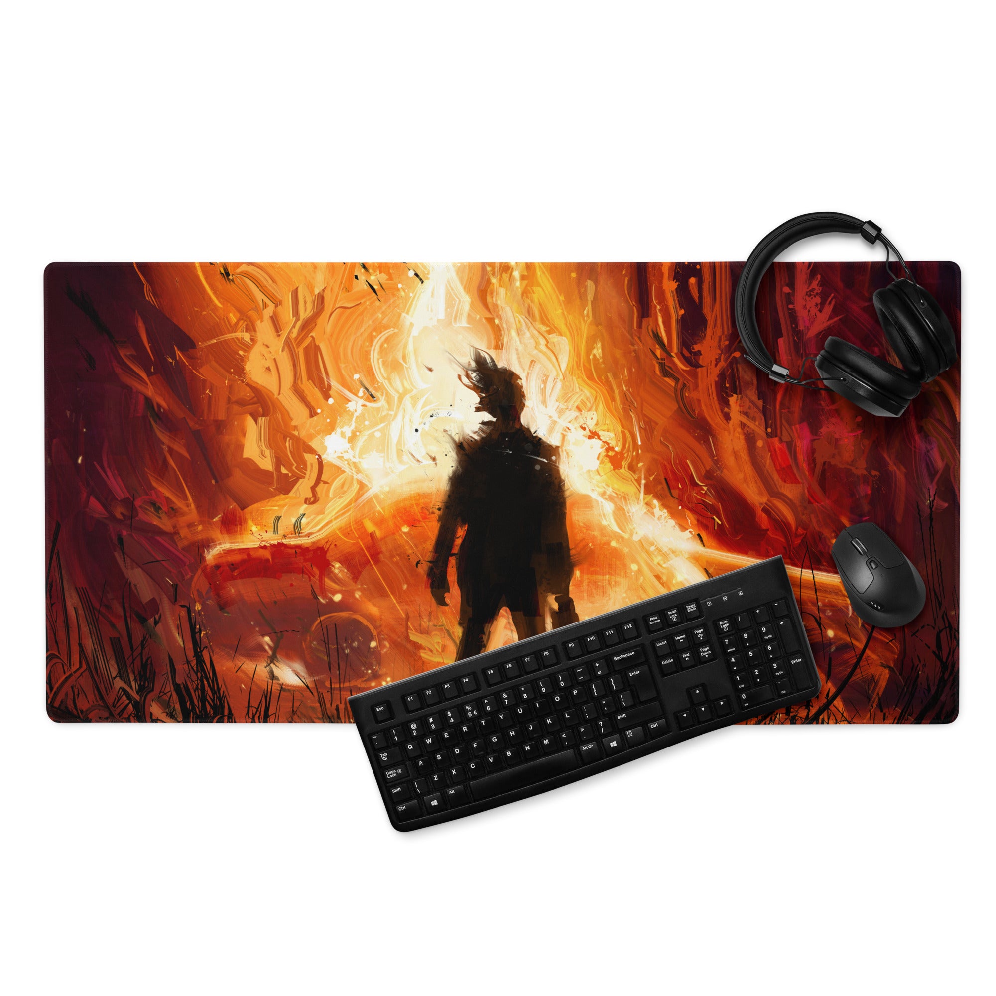 Fiery Orange Black Abstract Warrior Gaming Mouse Pad Large Non Slip Surface Edge Stitching for Dota CSGO