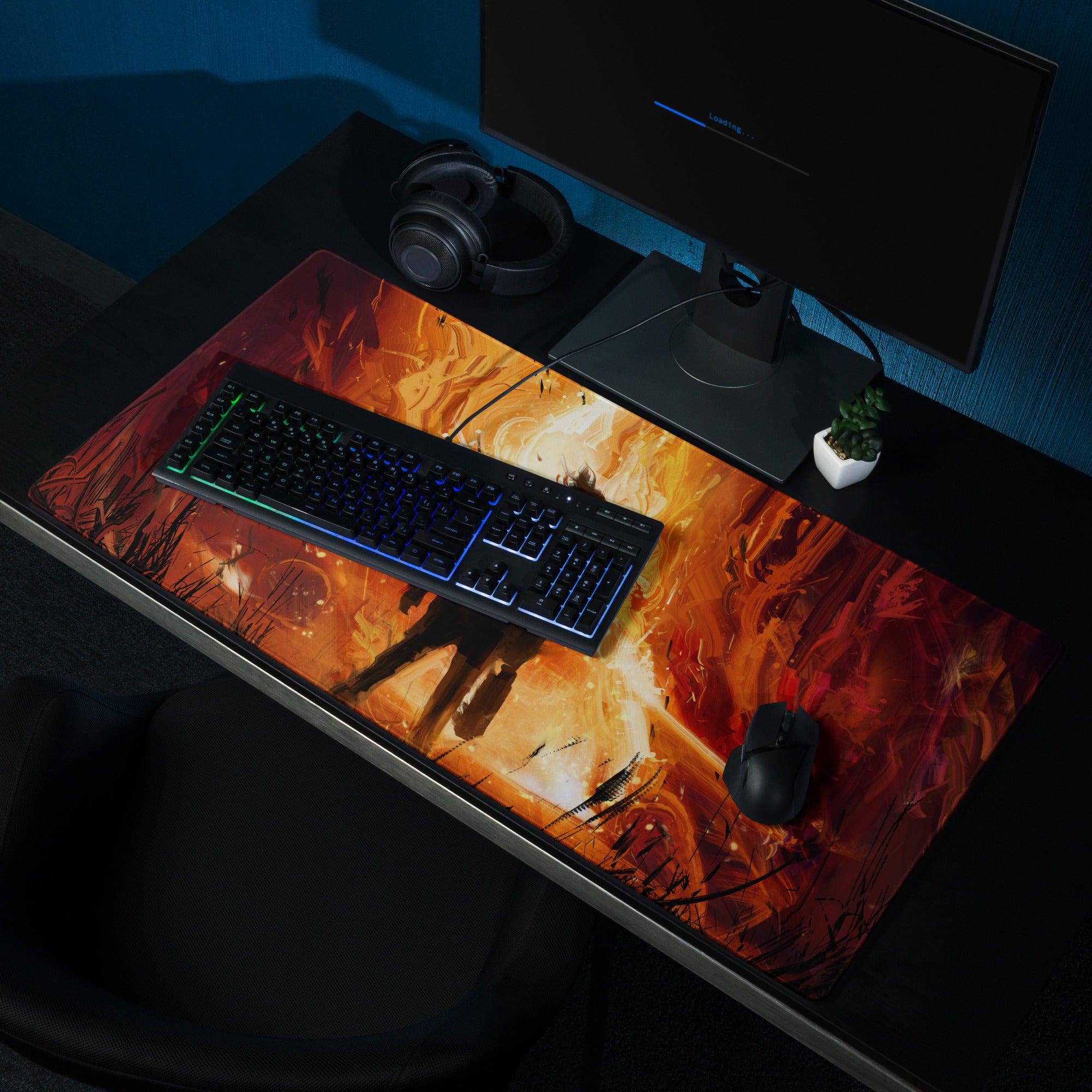 Fiery Orange Black Abstract Warrior Gaming Mouse Pad Large Non Slip Surface Edge Stitching for Dota CSGO