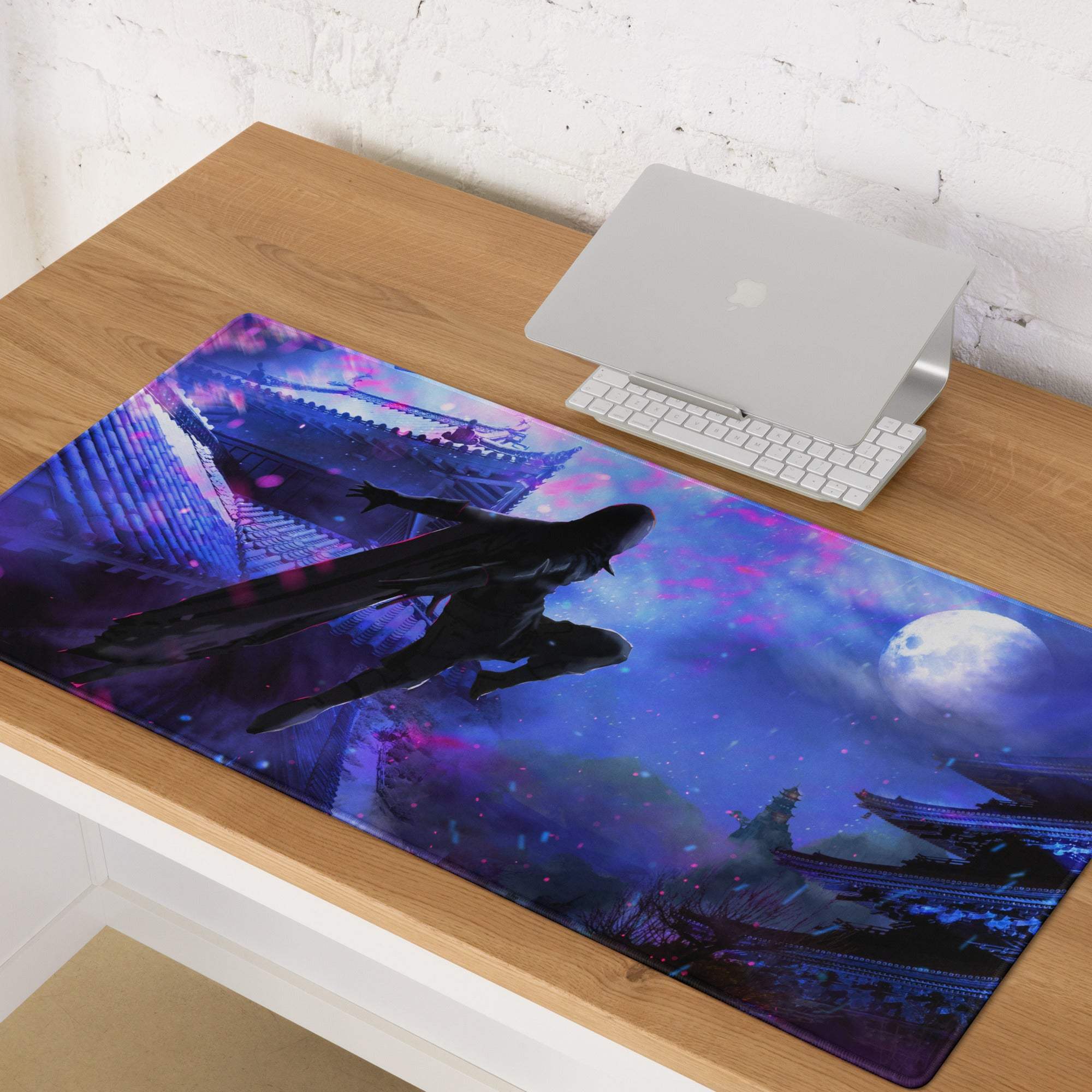 Nebula neon gaming mouse pad in purple and blue with a silhouette figure and glowing moon over traditional architecture
