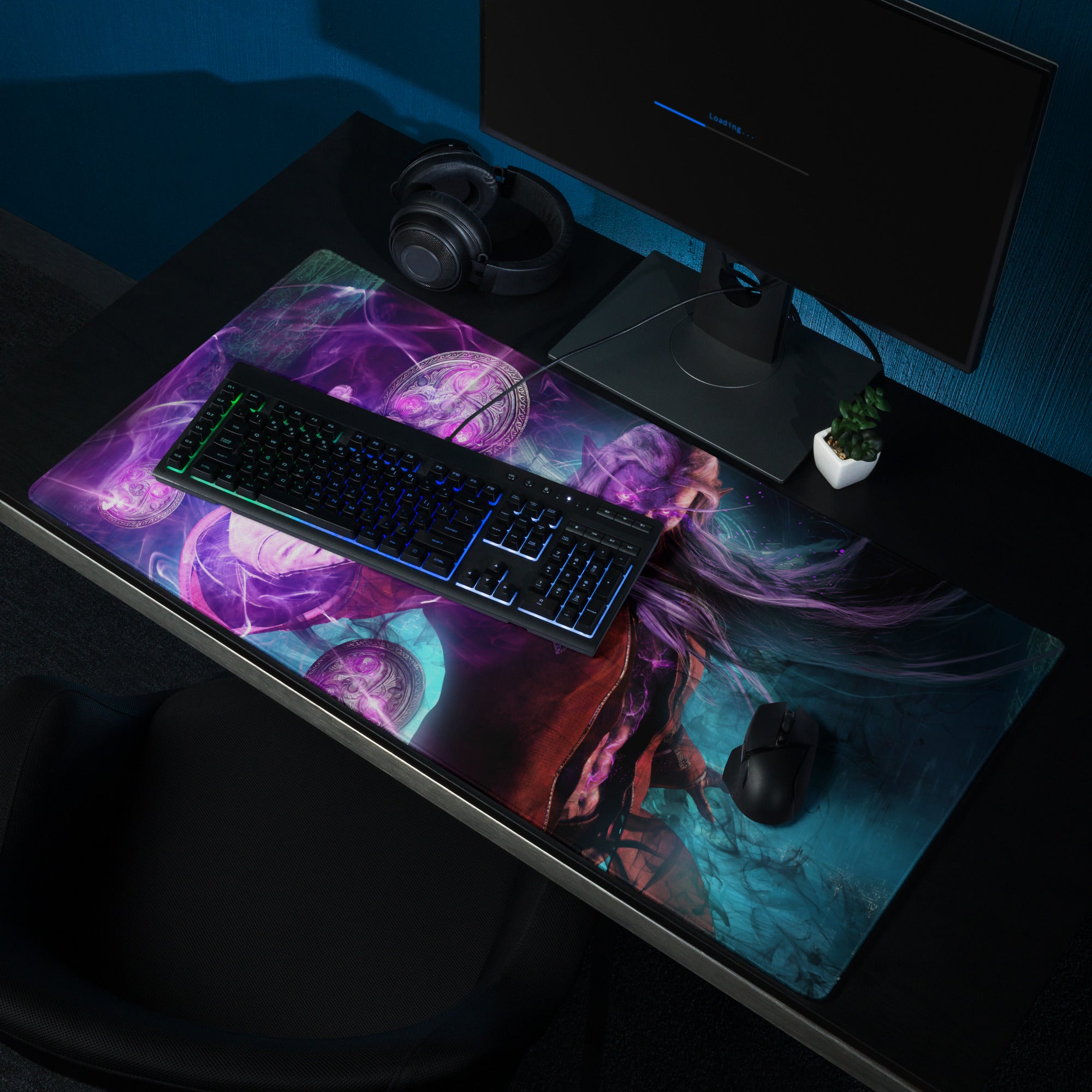 Large Gaming Mouse Pad Extended Desk Mat Purple Blue Neon Fantasy Art Style For Epic Gamer Battlestation Non Slip Surface