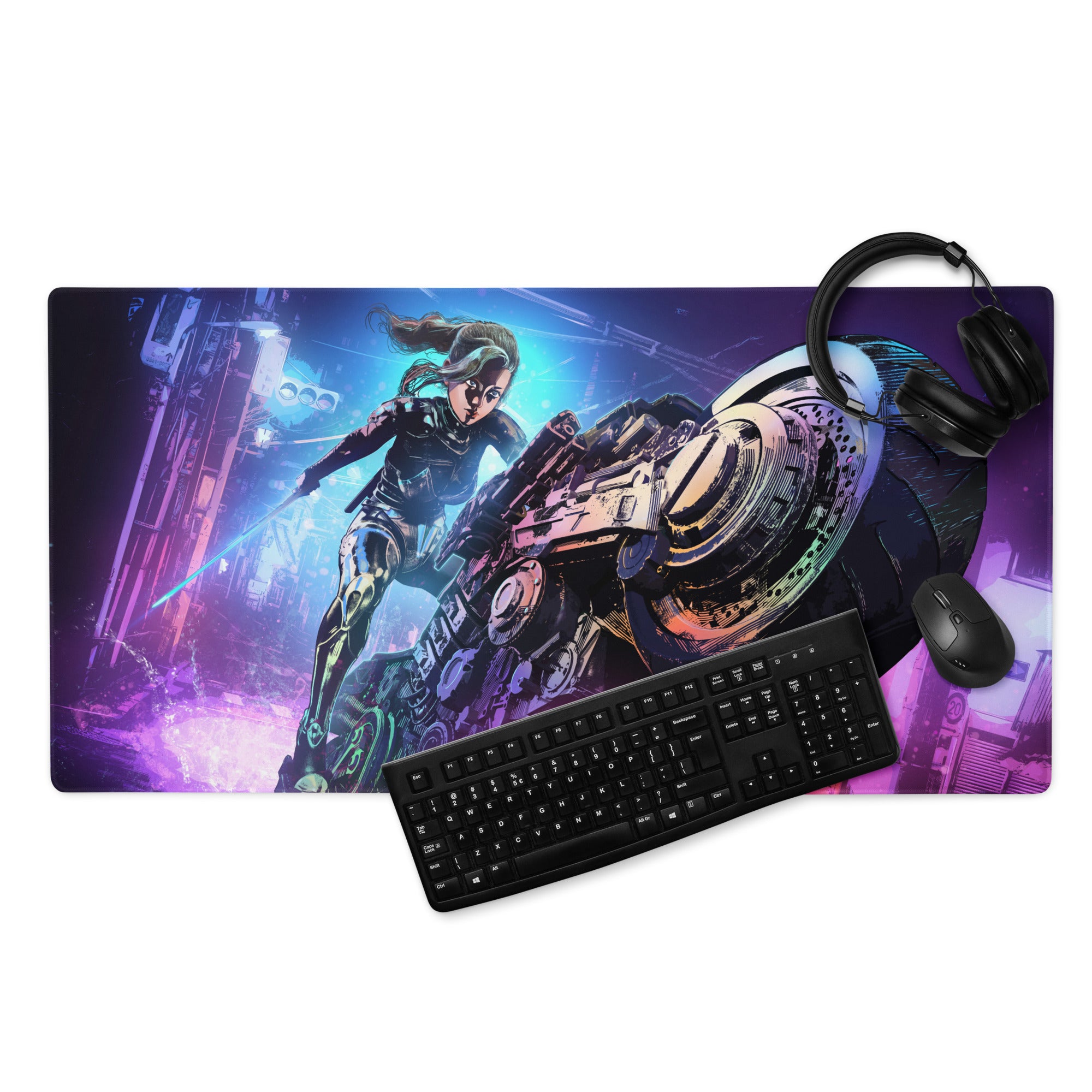 Gaming Mouse Pad Purple Blue Neon Cyberpunk Art For Gaming Desk Setup Large Non Slip Base