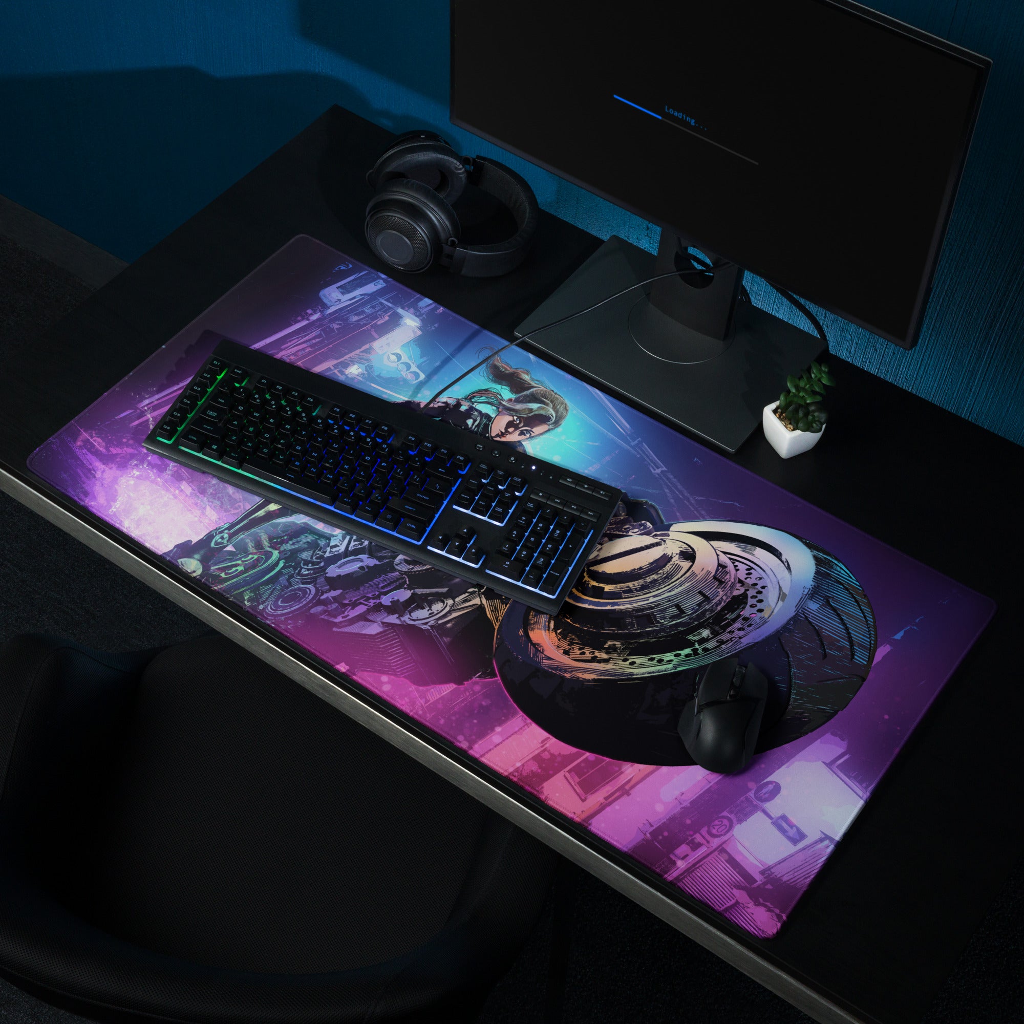 Gaming Mouse Pad Purple Blue Neon Cyberpunk Art For Gaming Desk Setup Large Non Slip Base