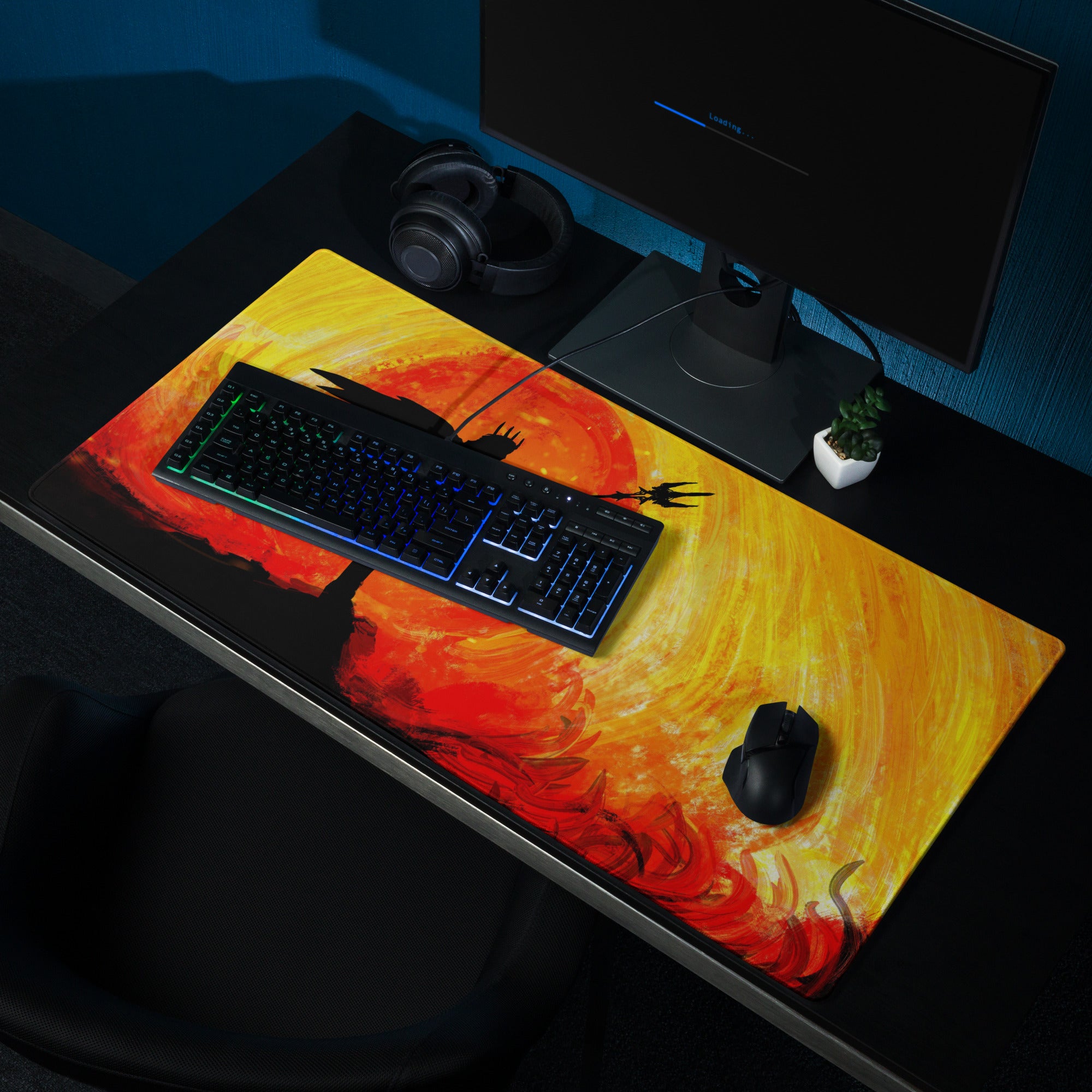 Gaming Mouse Pad Orange Sunset Silhouette Warrior Art Desk Setup Epic Mood Gamer Decor FPS MMO Digital Painting