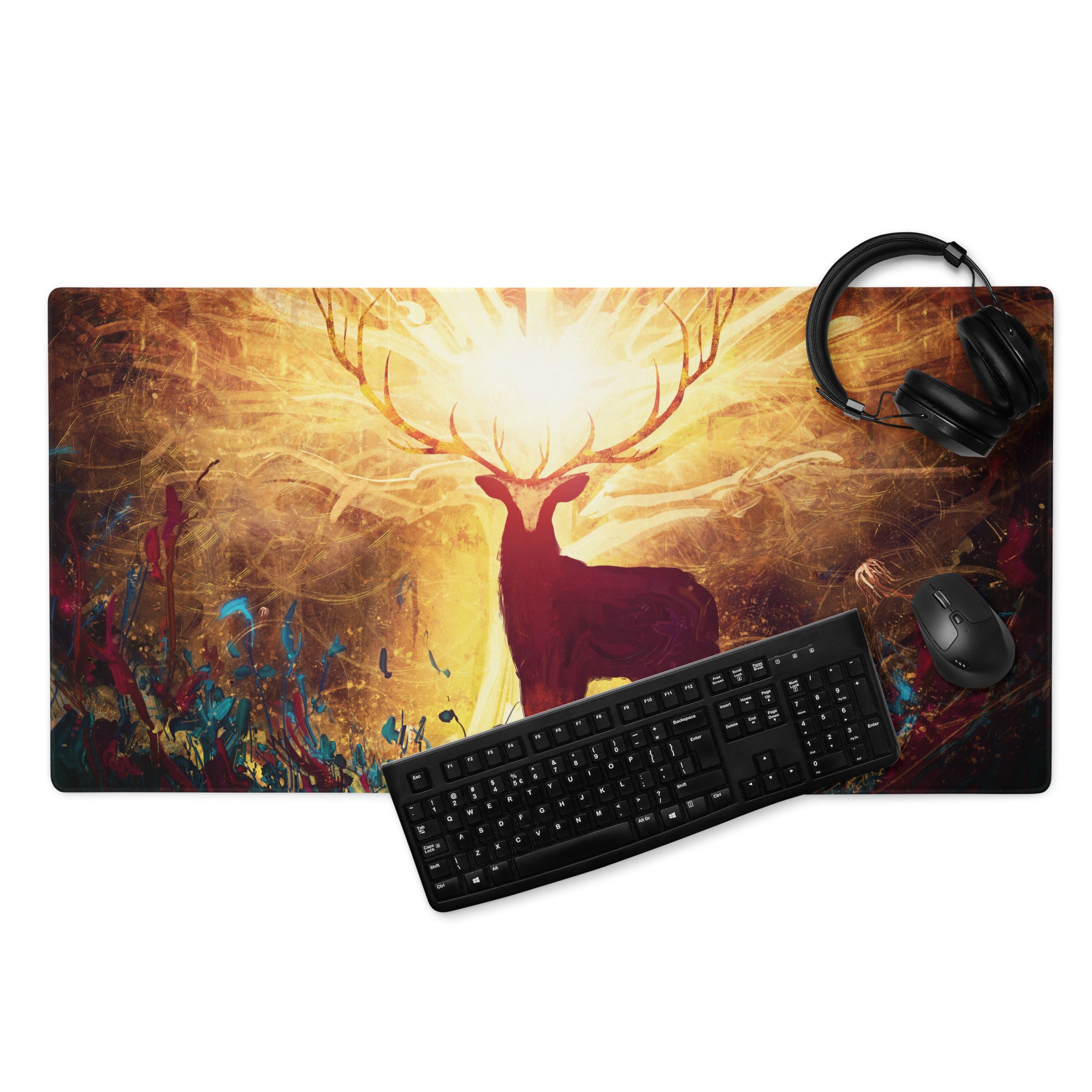 Gamer Mouse Pad Warm Orange Gold Deer Silhouette Art Desktop Desk Pad for Gaming Setup Large Non Slip Surface
