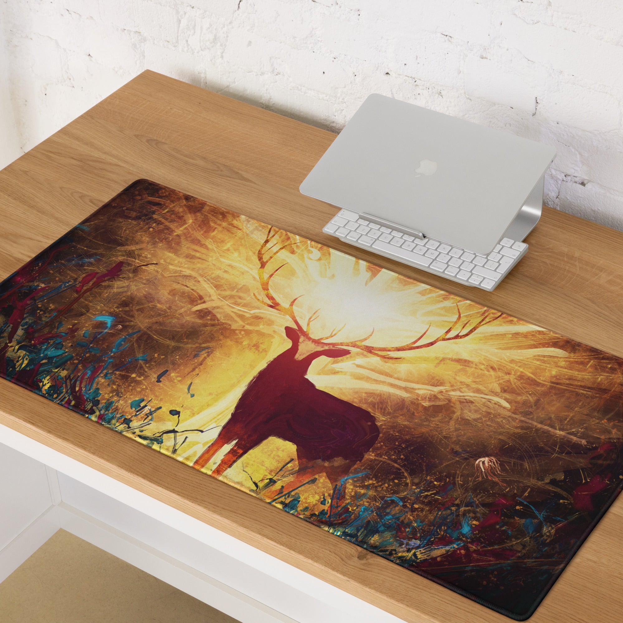 Gamer Mouse Pad Warm Orange Gold Deer Silhouette Art Desktop Desk Pad for Gaming Setup Large Non Slip Surface