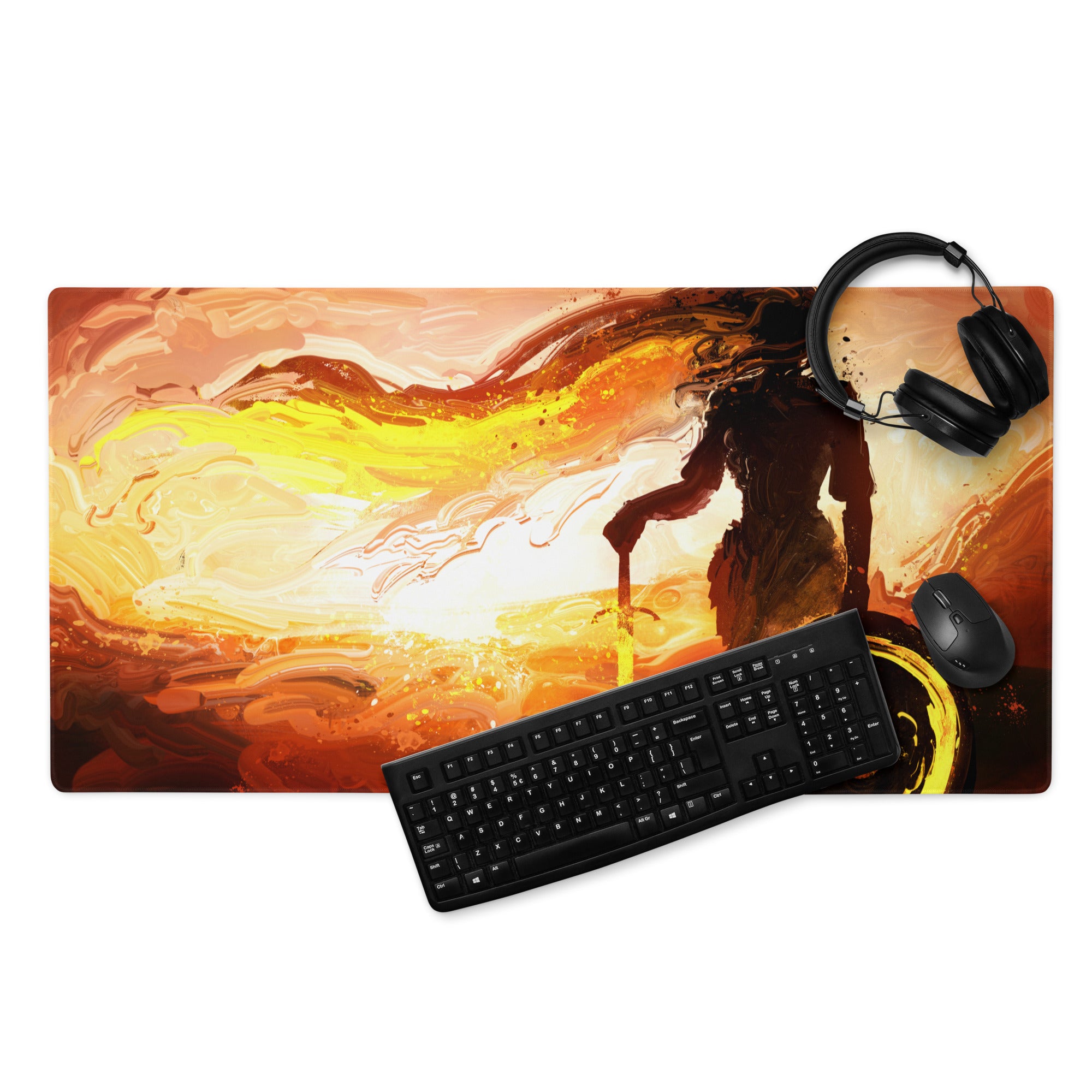 Orange Black Fiery Abstract Gaming Mouse Pad Large Non Slip With Edge Stitching For Gaming Setup