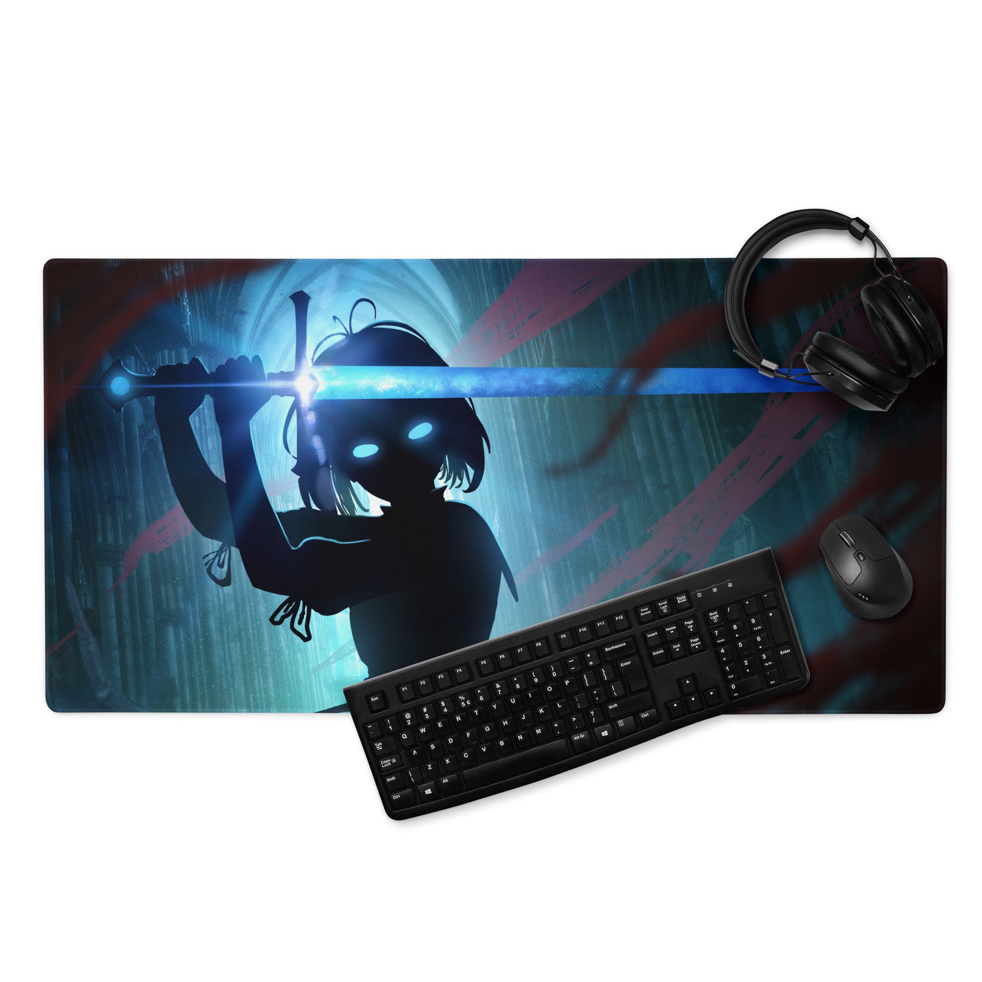 Blue Neon Gaming Mouse Pad For Desk Setup In Digital Art Style With Immersive Cyberpunk Mood And Large Extended Surface