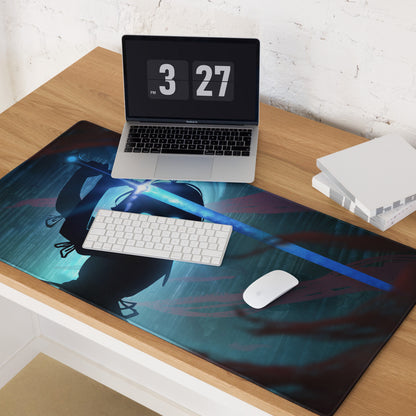 Blue Neon Gaming Mouse Pad For Desk Setup In Digital Art Style With Immersive Cyberpunk Mood And Large Extended Surface