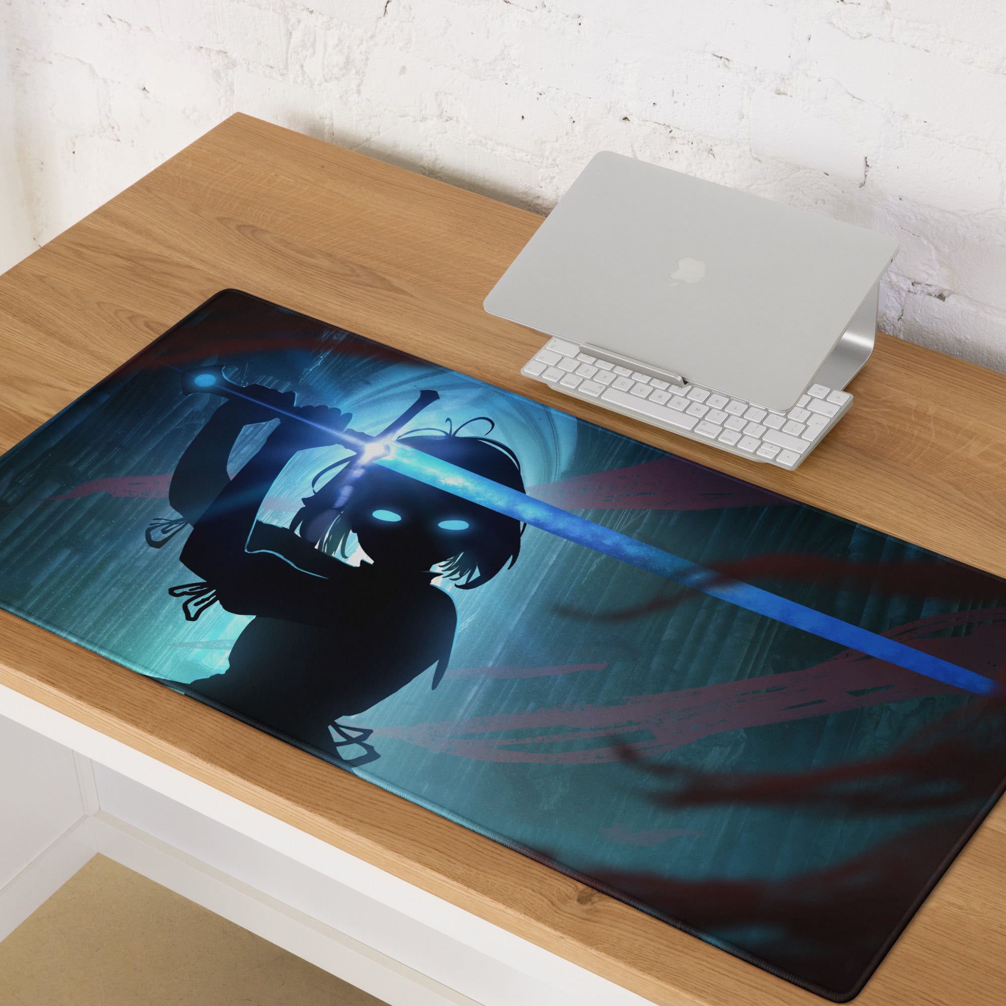 Blue Neon Gaming Mouse Pad For Desk Setup In Digital Art Style With Immersive Cyberpunk Mood And Large Extended Surface